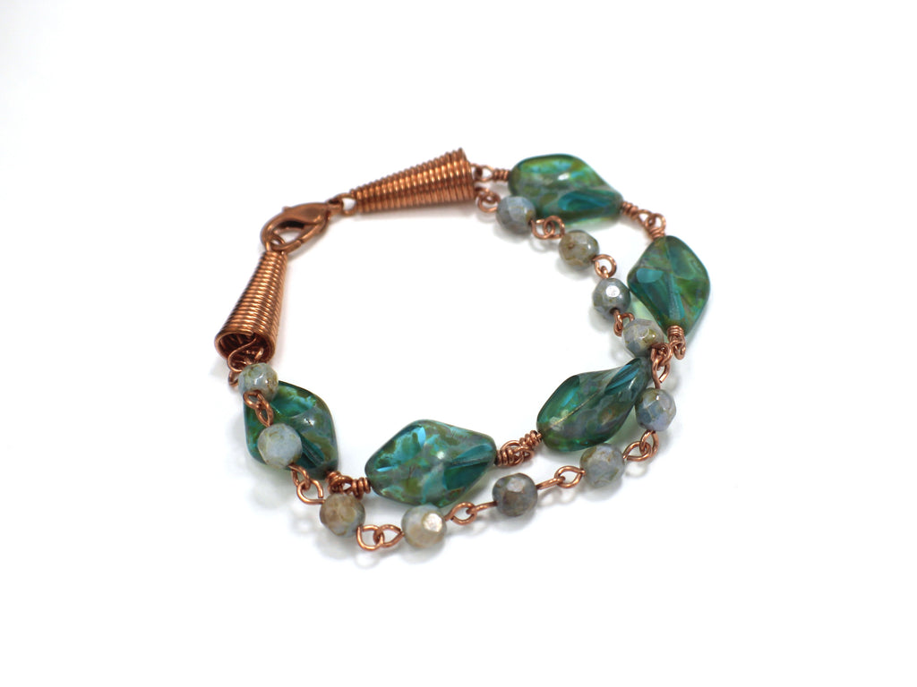 Handcrafted Copper Wire Glass Bead Bracelet with Lobster Clasp, 7.25"