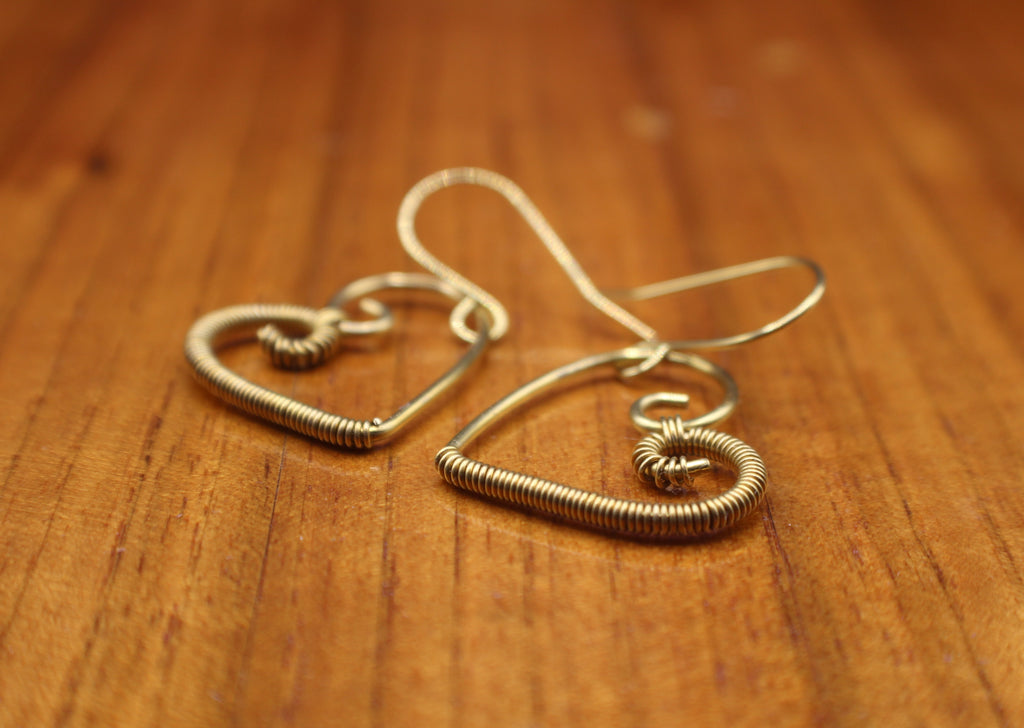 Handcrafted Brass Wire Heart Earrings with Fine Wire Wrapping