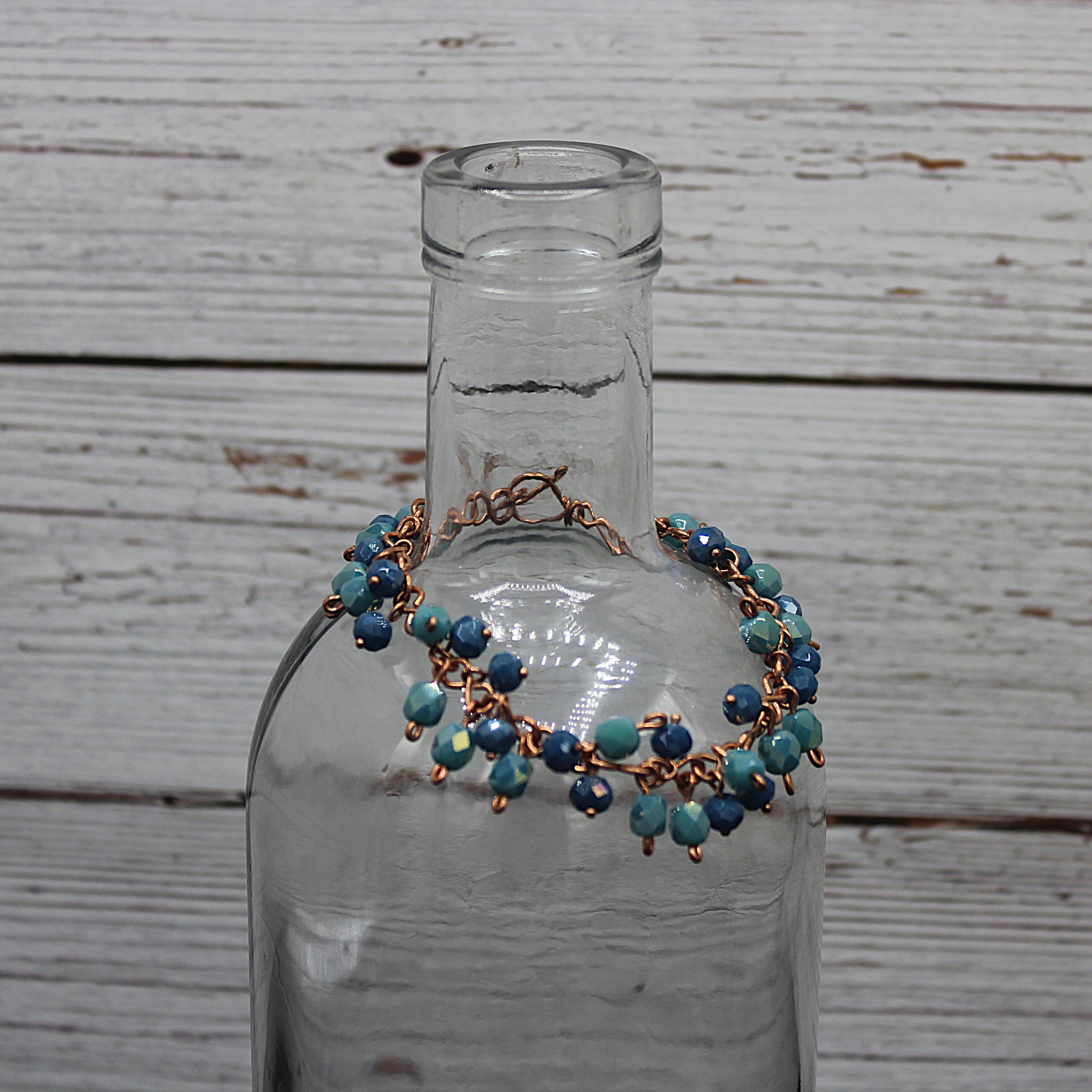 Handcrafted Blue and Aqua Faceted Glass Dangle Bracelet in Copper, 7.00"