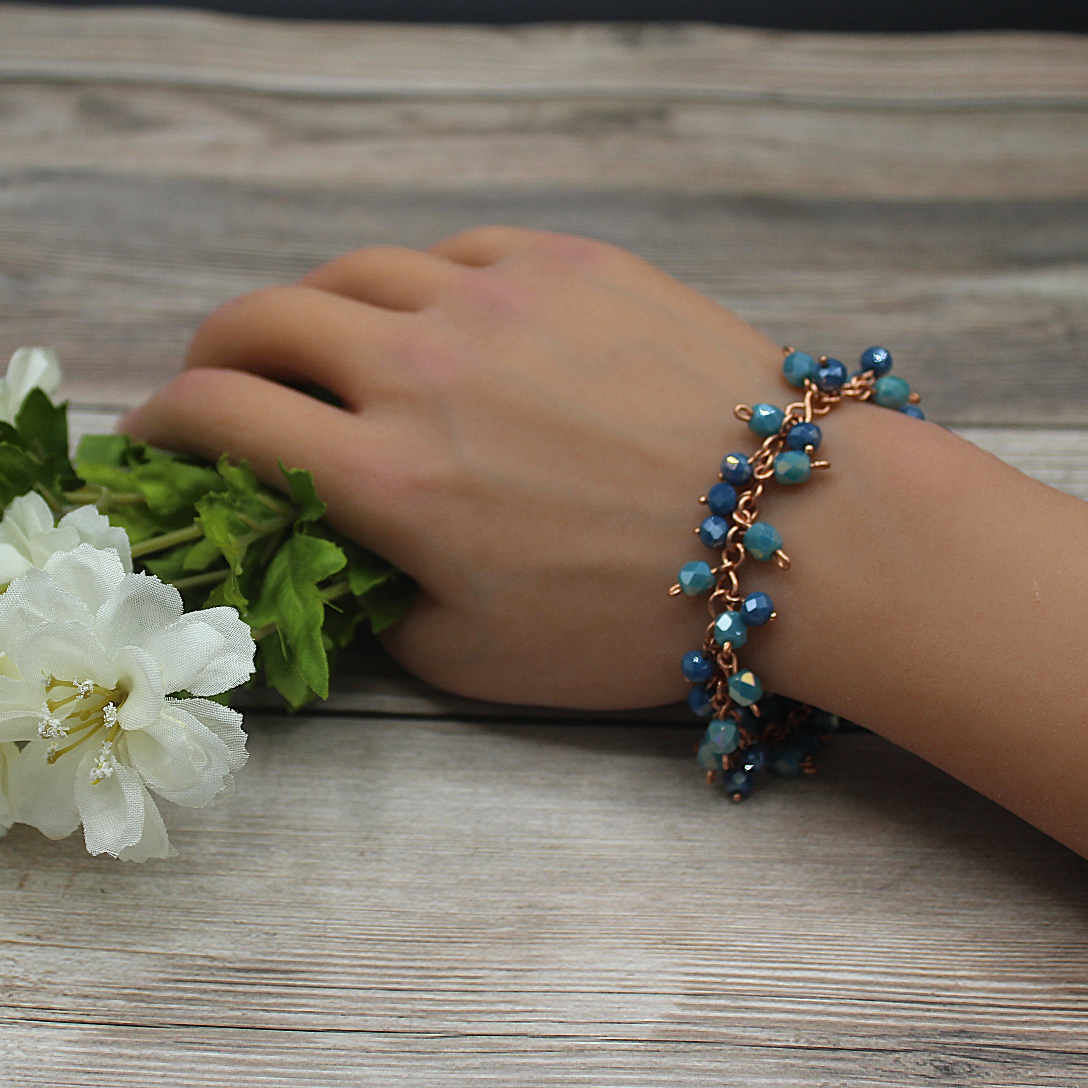 Handcrafted Blue and Aqua Faceted Glass Dangle Bracelet in Copper, 7.00"