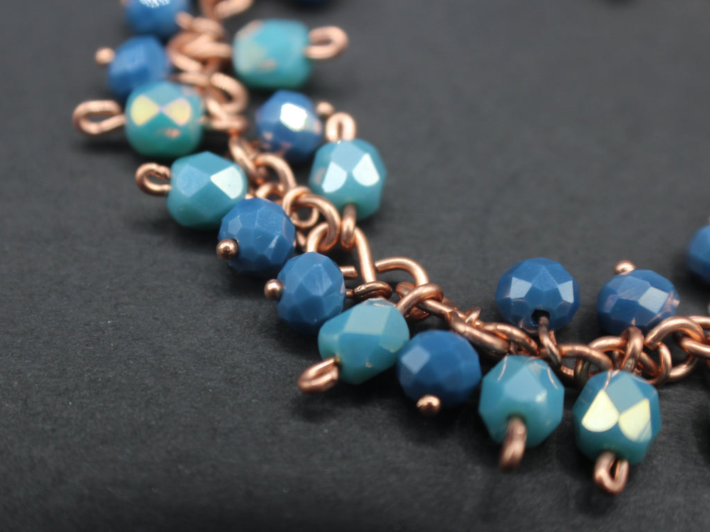 Handcrafted Blue and Aqua Faceted Glass Dangle Bracelet in Copper, 7.00"