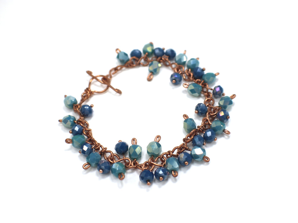 Handcrafted Blue and Aqua Faceted Glass Dangle Bracelet in Copper, 7.00"