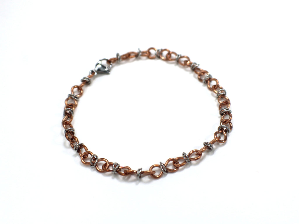 Handcrafted Copper Infinity Link Bracelet with Stainless Steel Accents, 7.00"