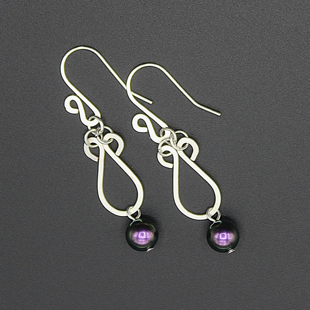 Handcrafted Hammered Silver Plated Copper Dangle Earrings with Purple Glass Pearls