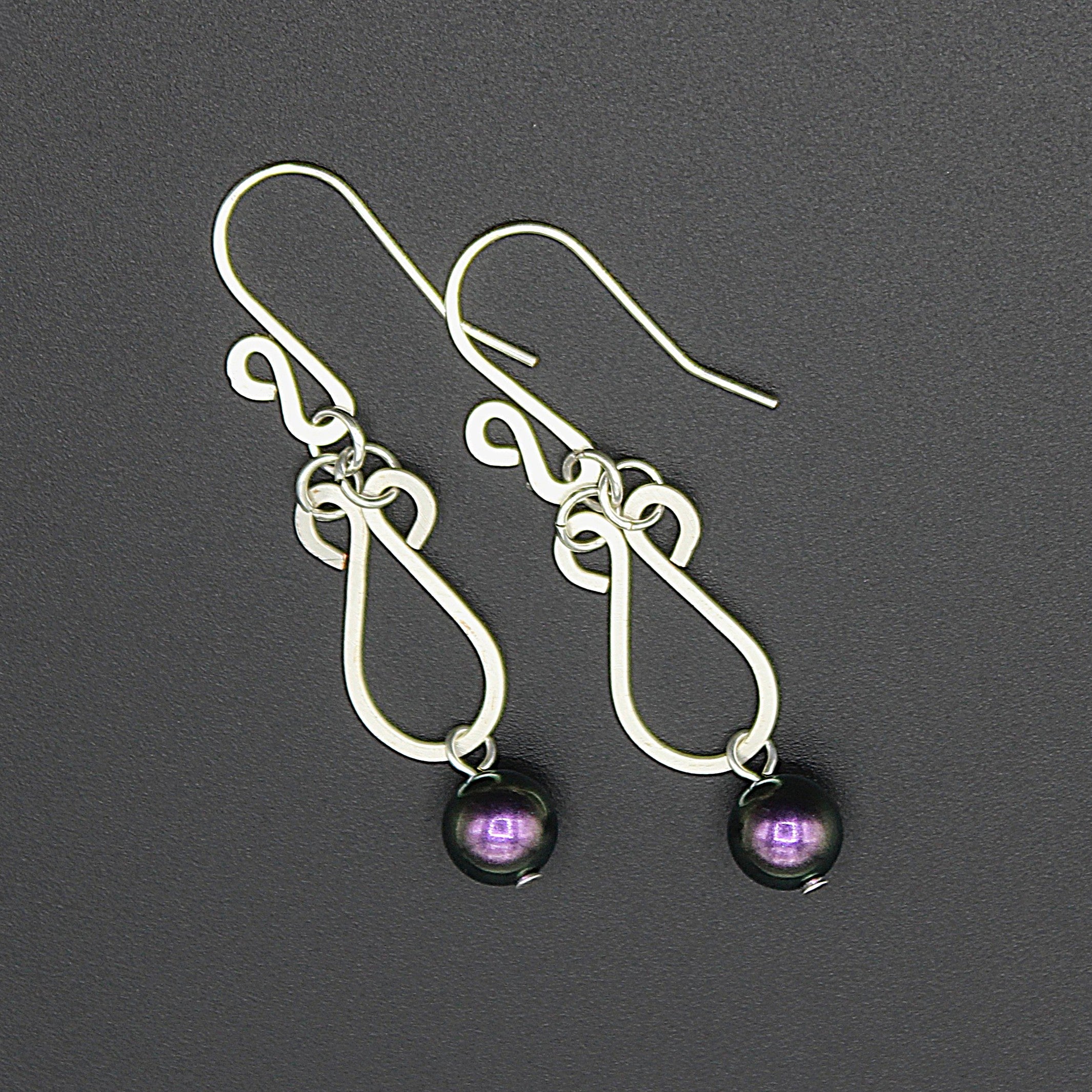 Handcrafted Hammered Silver Plated Copper Dangle Earrings with Purple Glass Pearls
