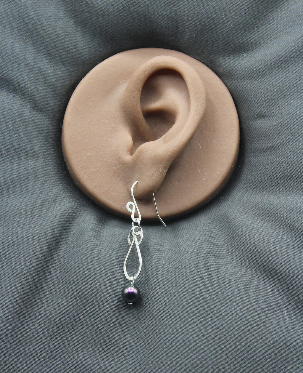 Handcrafted Hammered Silver Plated Copper Dangle Earrings with Purple Glass Pearls