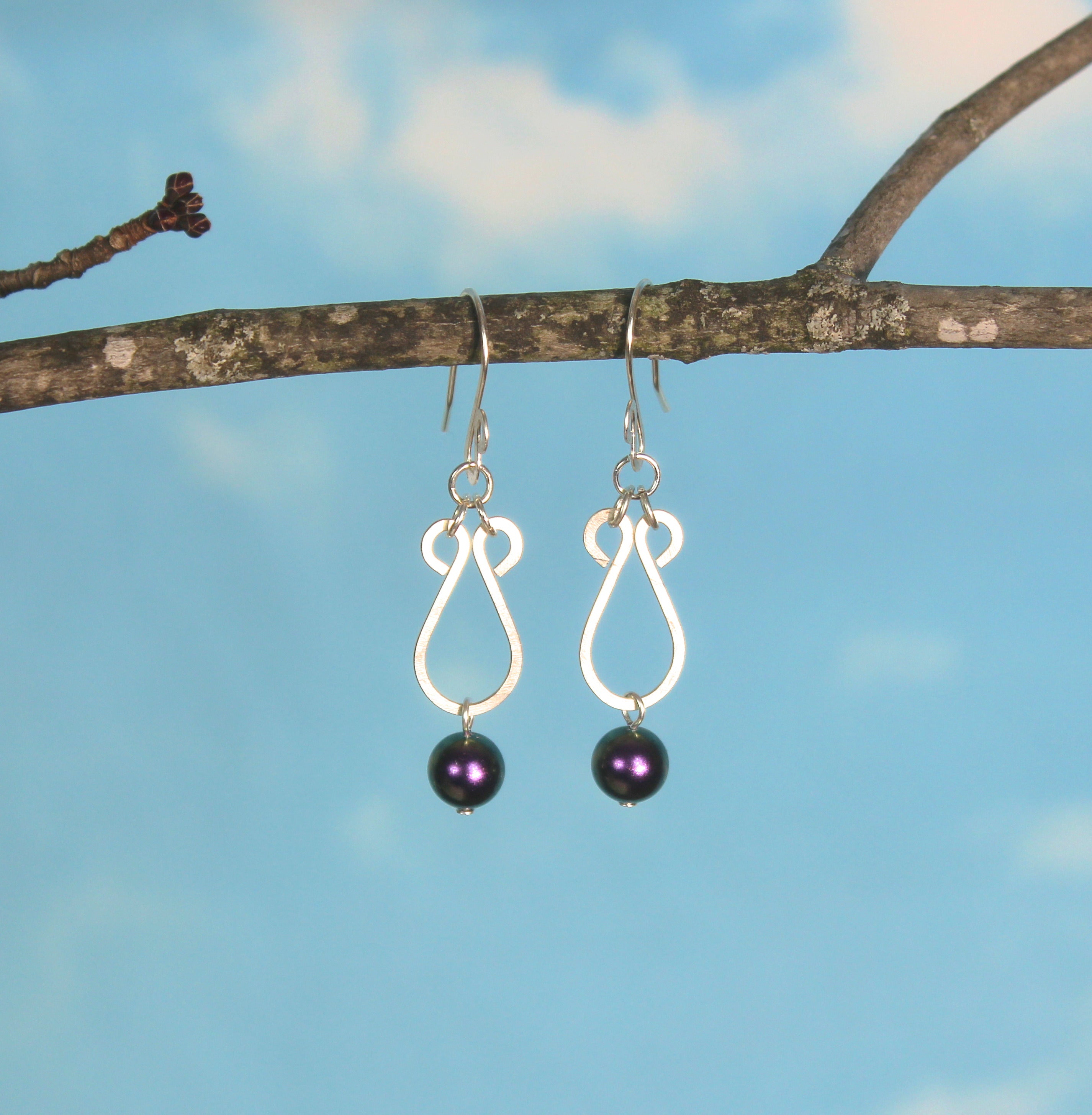 Handcrafted Hammered Silver Plated Copper Dangle Earrings with Purple Glass Pearls