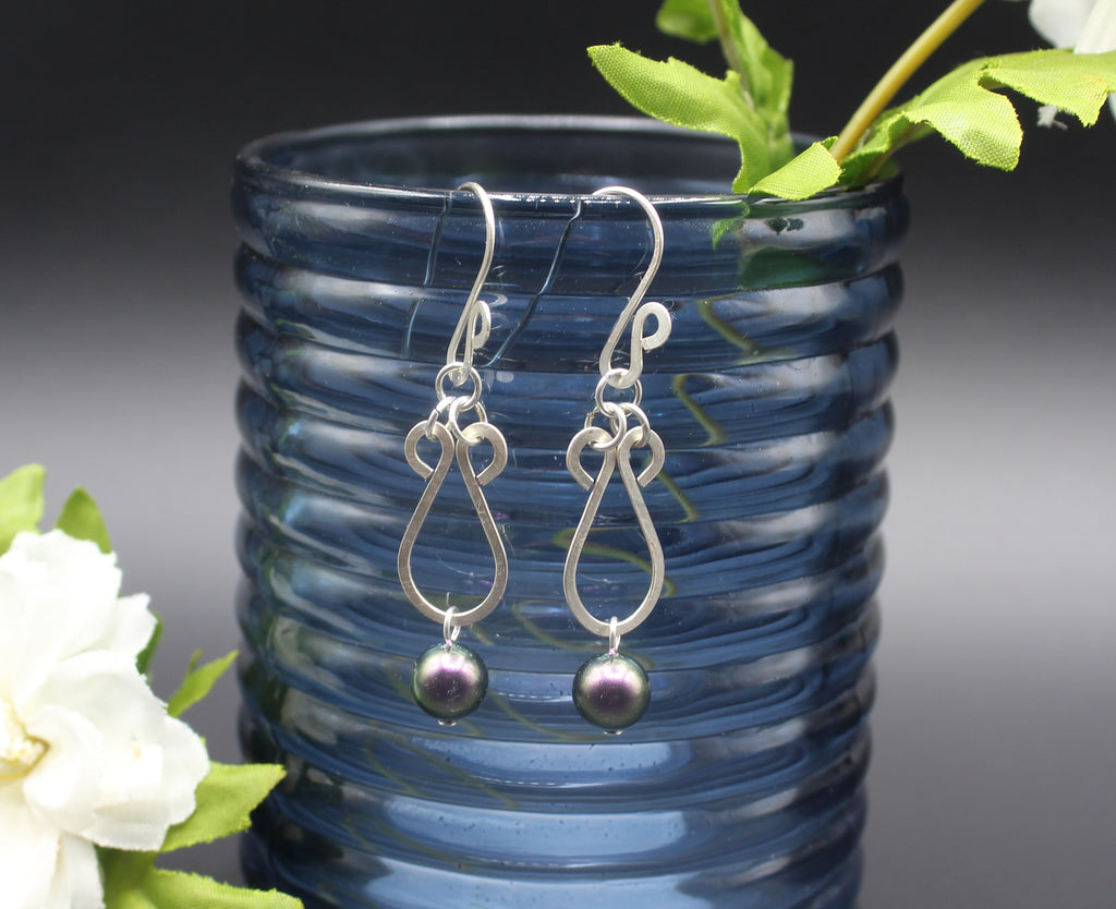 Handcrafted Hammered Silver Plated Copper Dangle Earrings with Purple Glass Pearls