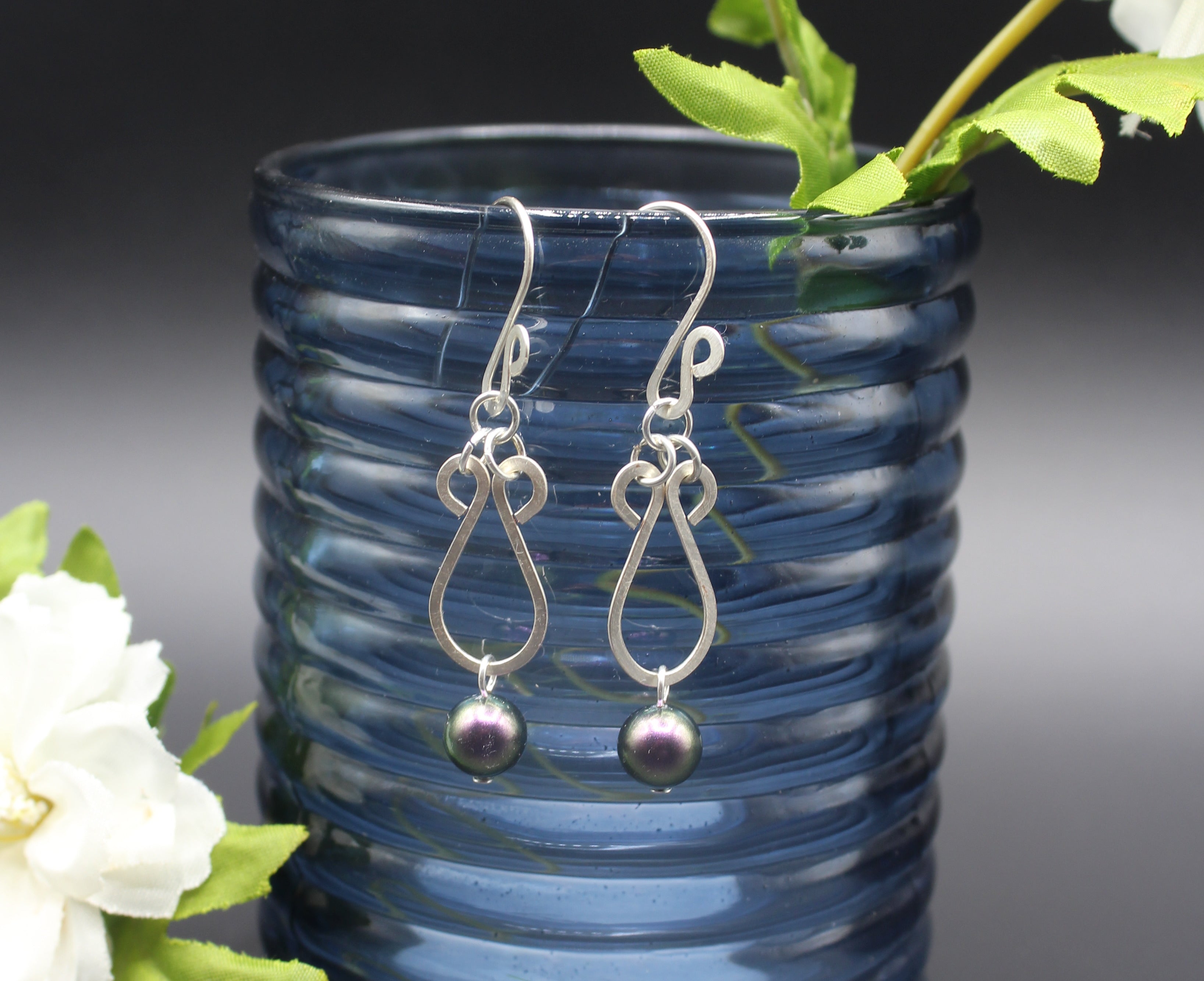 Handcrafted Hammered Silver Plated Copper Dangle Earrings with Purple Glass Pearls