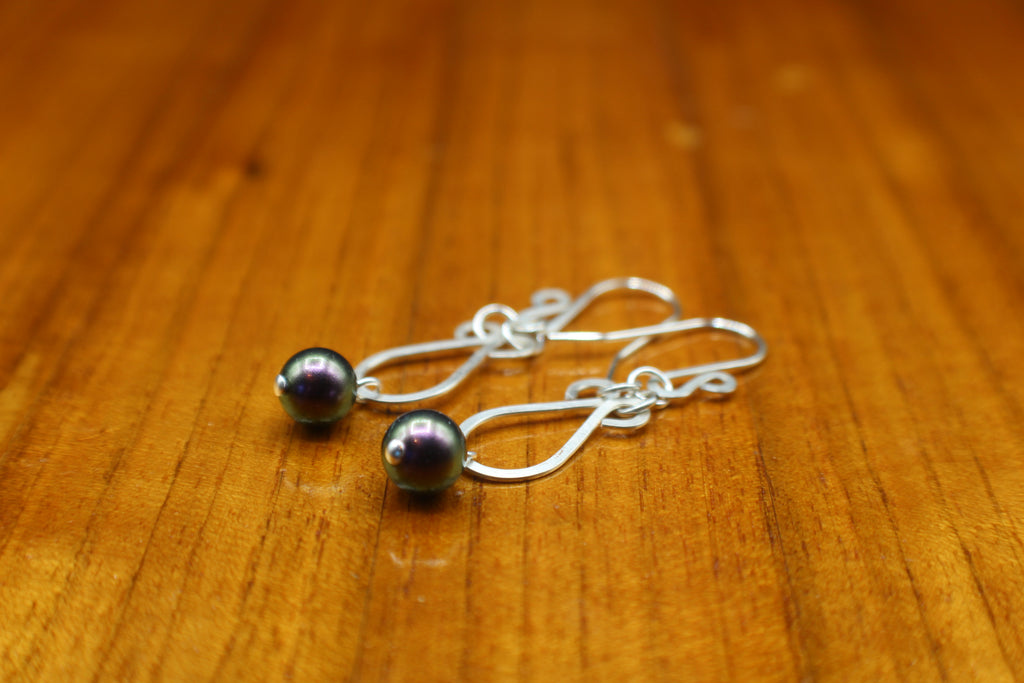 Handcrafted Hammered Silver Plated Copper Dangle Earrings with Purple Glass Pearls