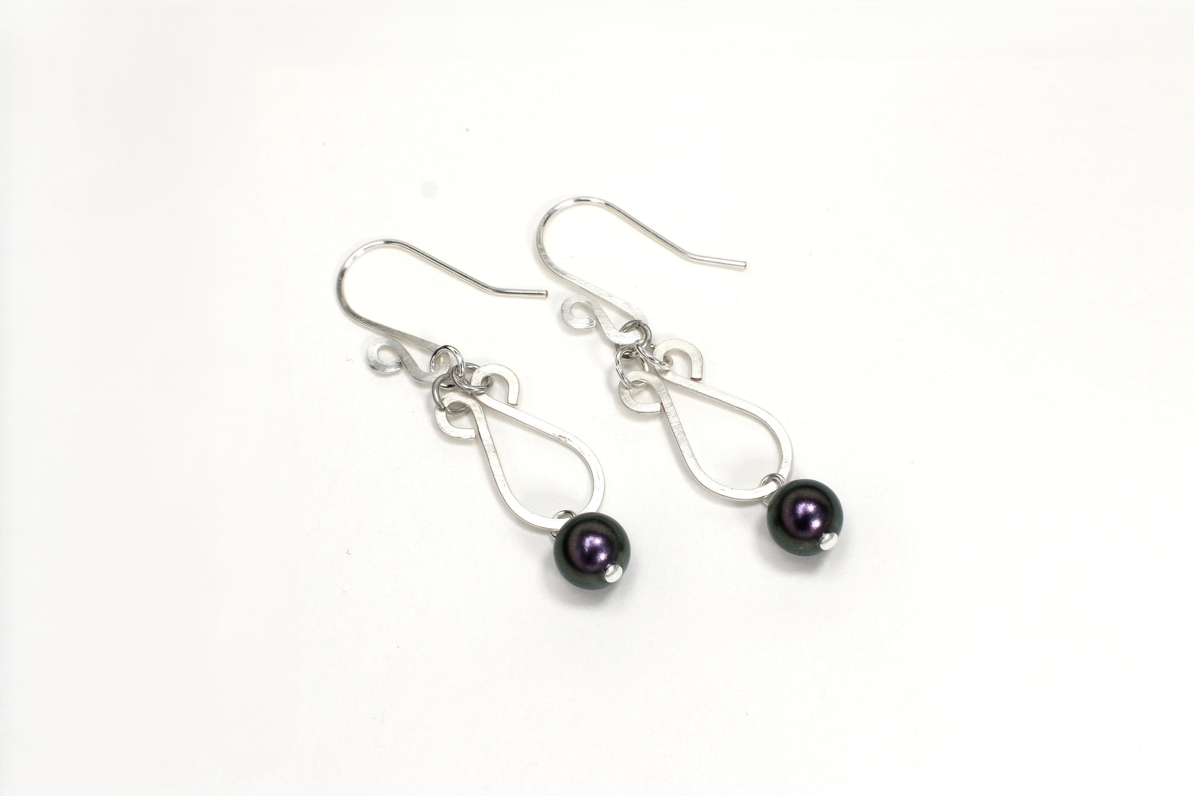 Handcrafted Hammered Silver Plated Copper Dangle Earrings with Purple Glass Pearls