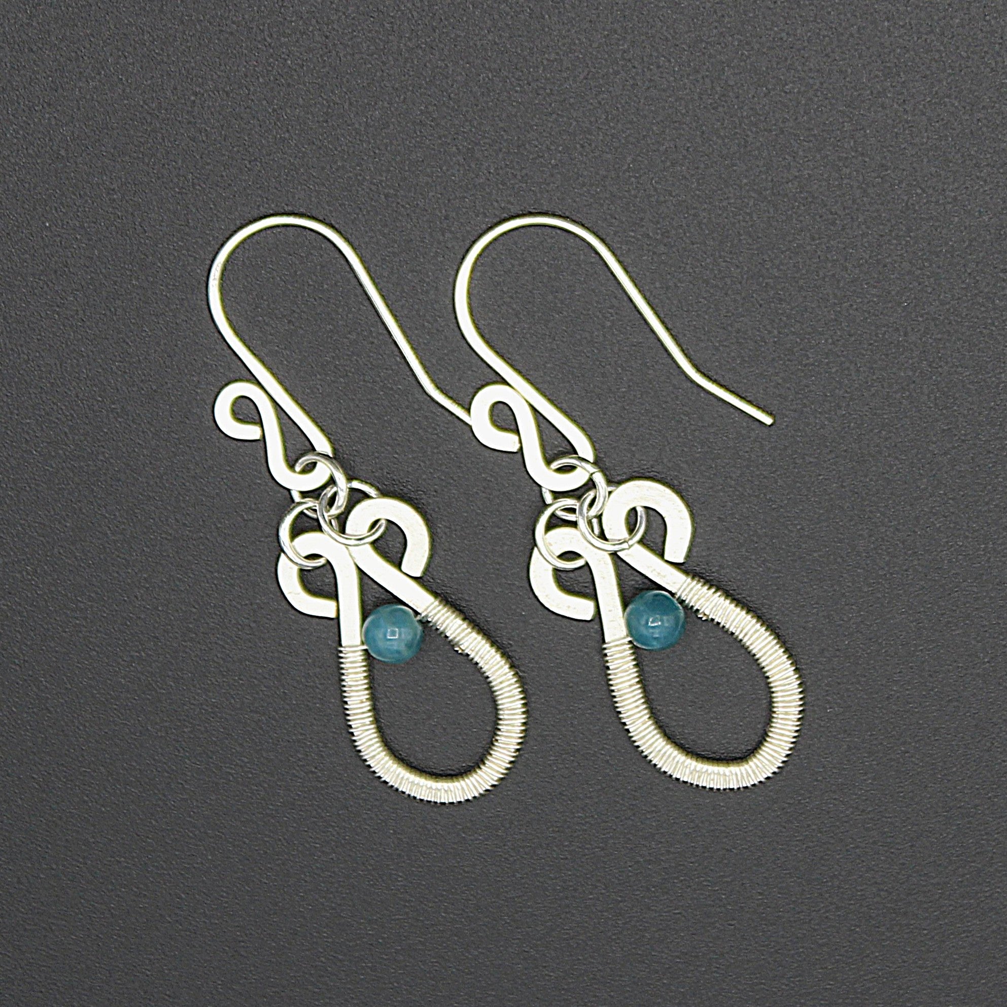 Handcrafted Hammered Silver Plated Copper Dangle Earrings with Blue Apatite Beads