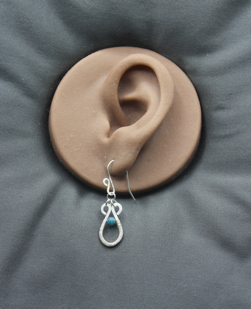 Handcrafted Hammered Silver Plated Copper Dangle Earrings with Blue Apatite Beads