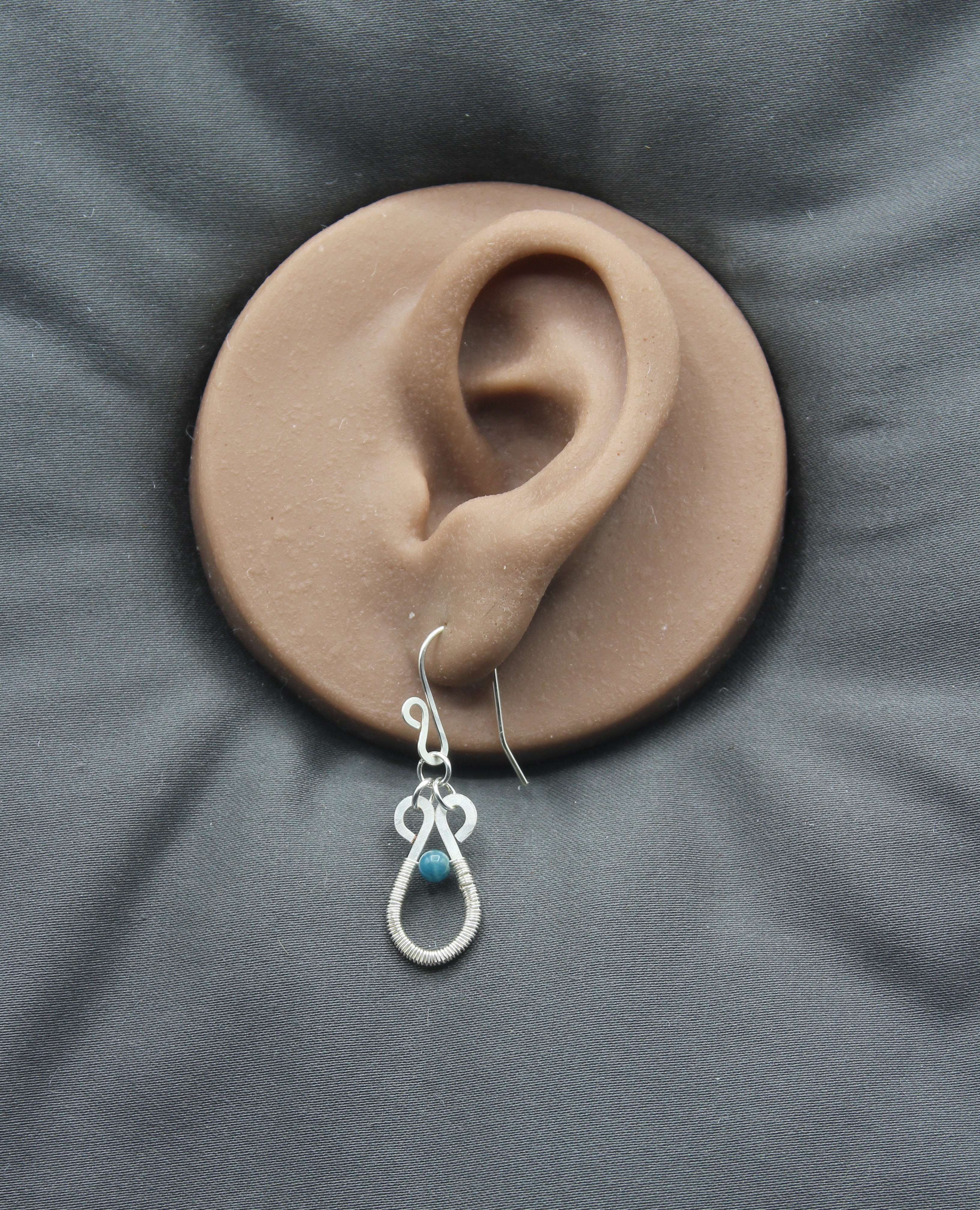 Handcrafted Hammered Silver Plated Copper Dangle Earrings with Blue Apatite Beads