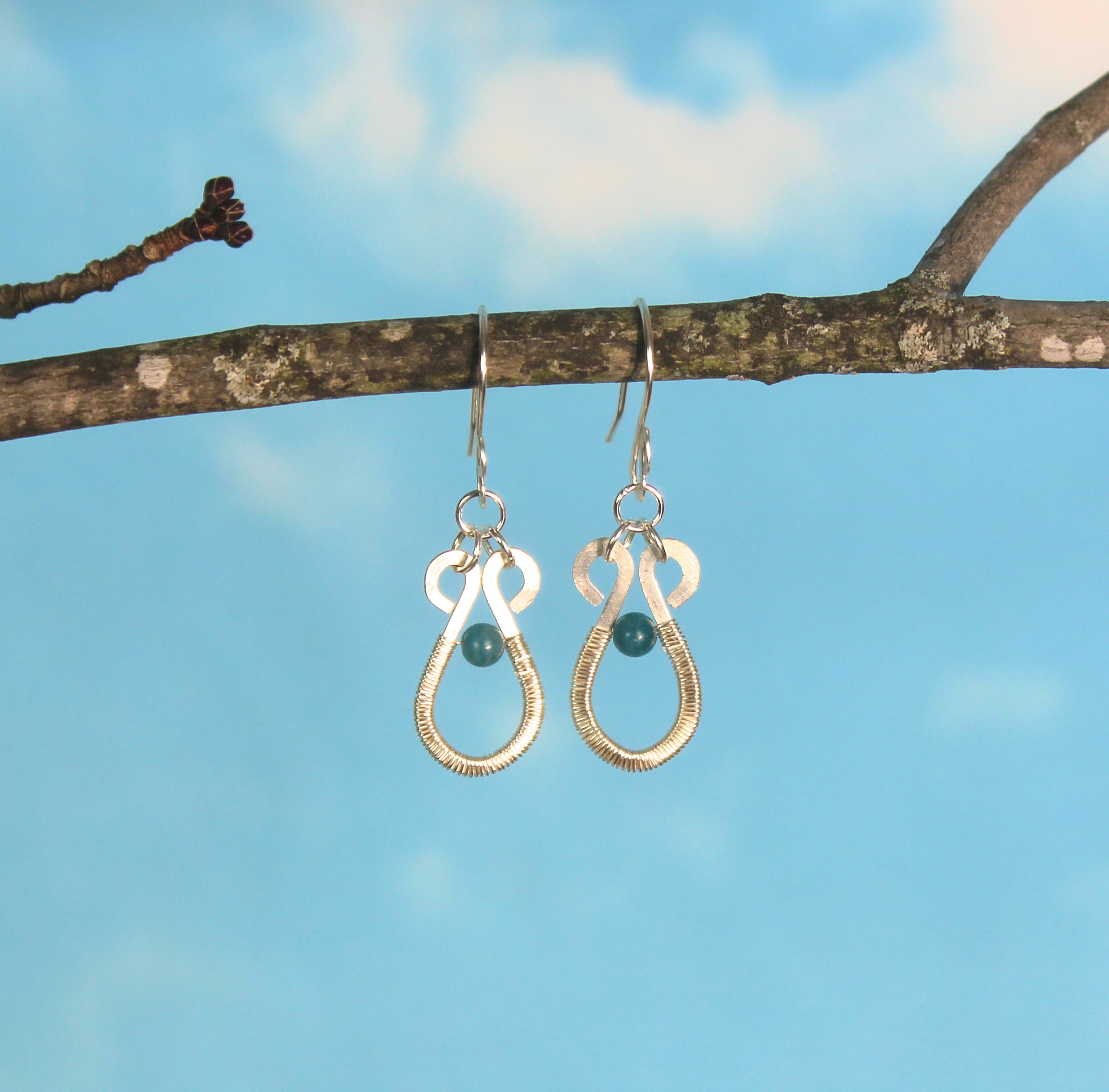 Handcrafted Hammered Silver Plated Copper Dangle Earrings with Blue Apatite Beads