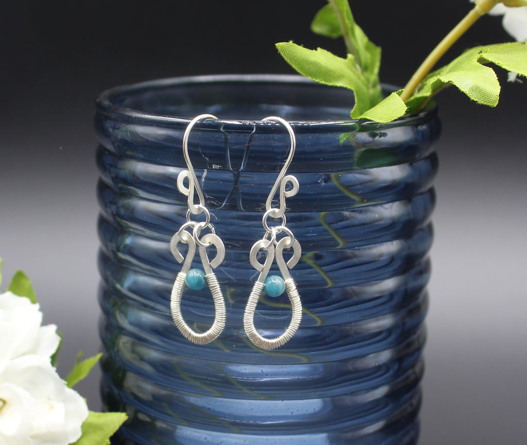 Handcrafted Hammered Silver Plated Copper Dangle Earrings with Blue Apatite Beads