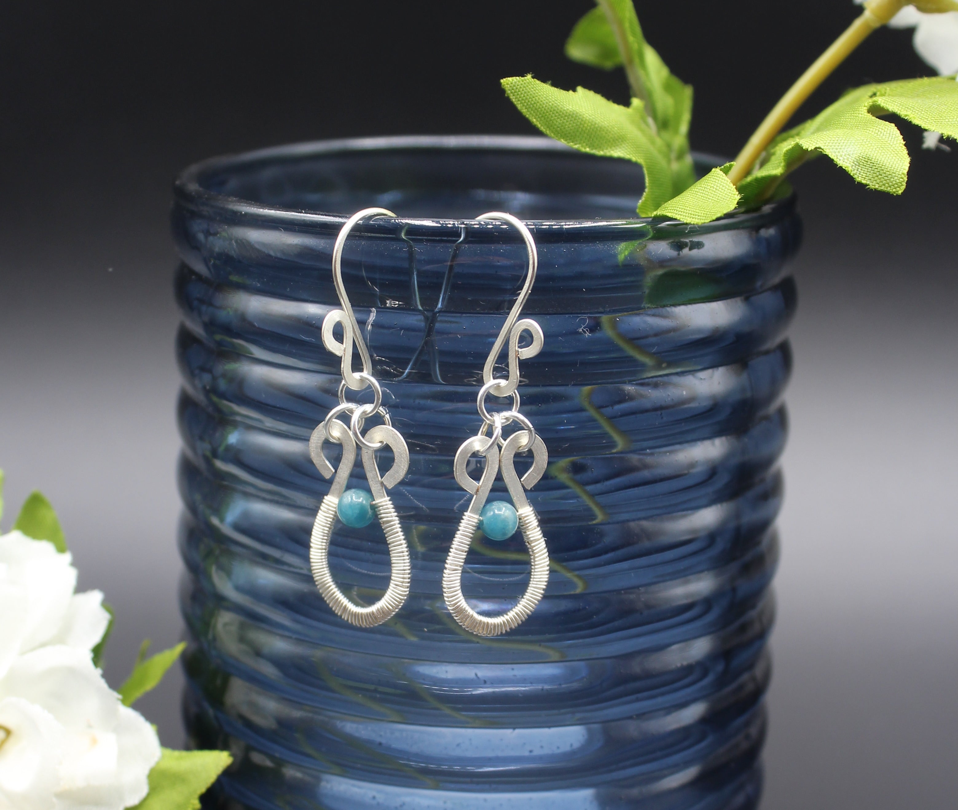 Handcrafted Hammered Silver Plated Copper Dangle Earrings with Blue Apatite Beads
