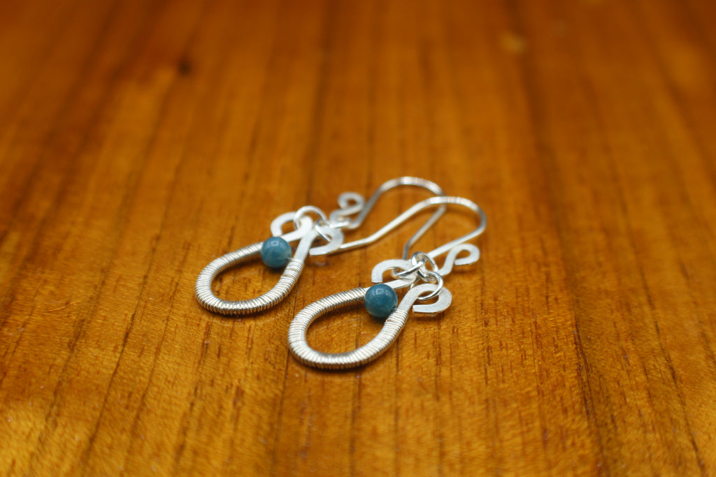 Handcrafted Hammered Silver Plated Copper Dangle Earrings with Blue Apatite Beads
