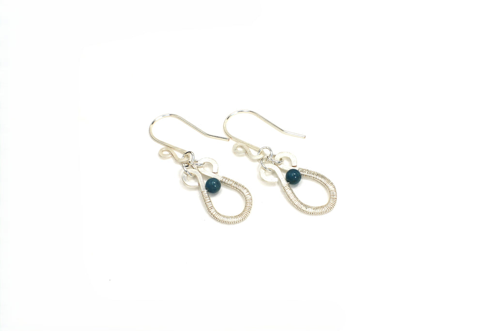 Handcrafted Hammered Silver Plated Copper Dangle Earrings with Blue Apatite Beads