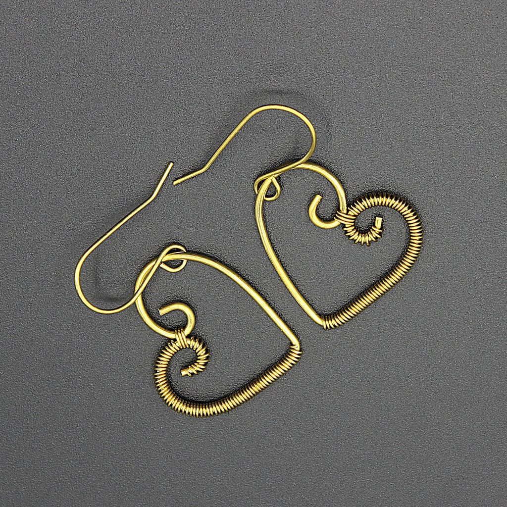 Handcrafted Brass Wire Heart Earrings with Fine Wire Wrapping