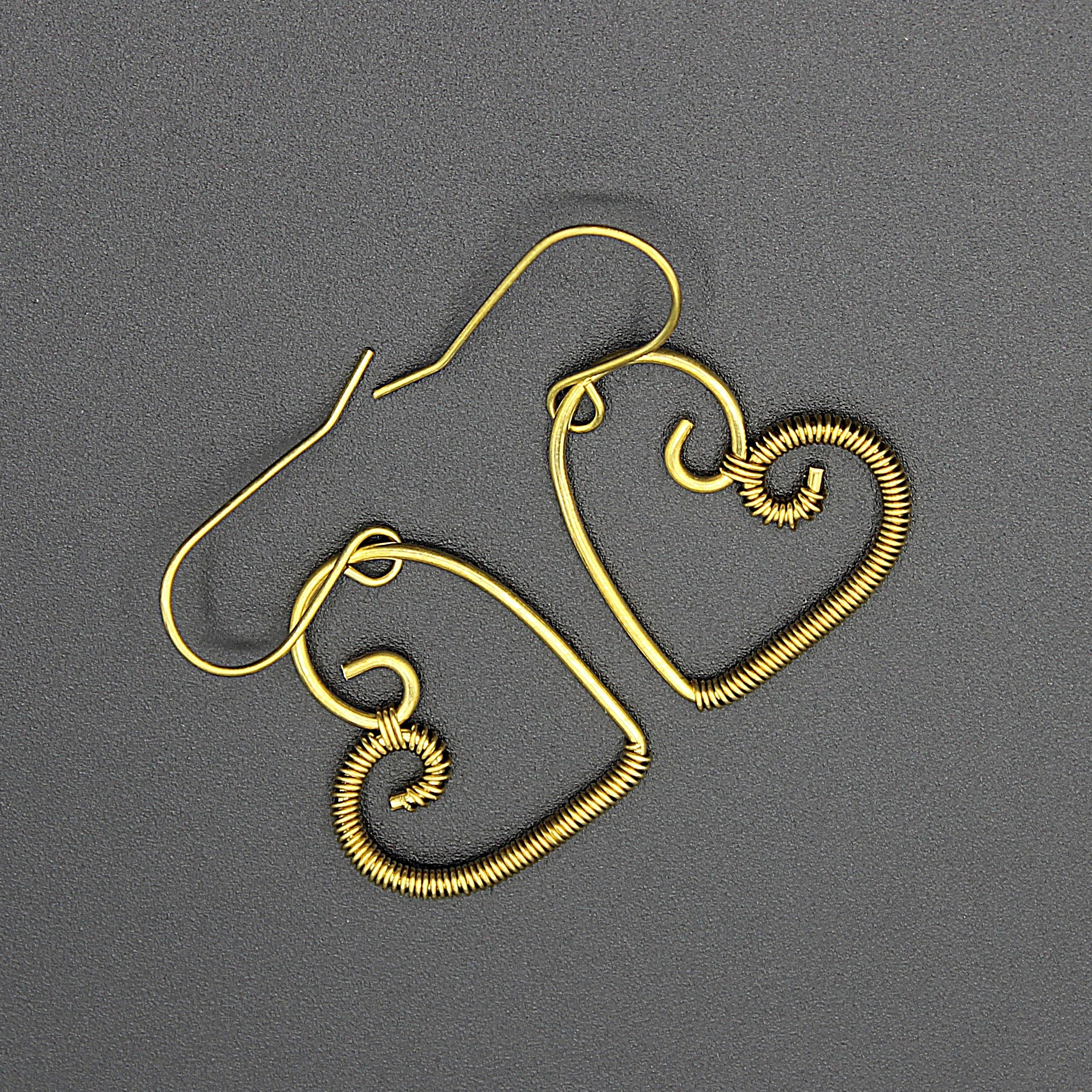 Handcrafted Brass Wire Heart Earrings with Fine Wire Wrapping