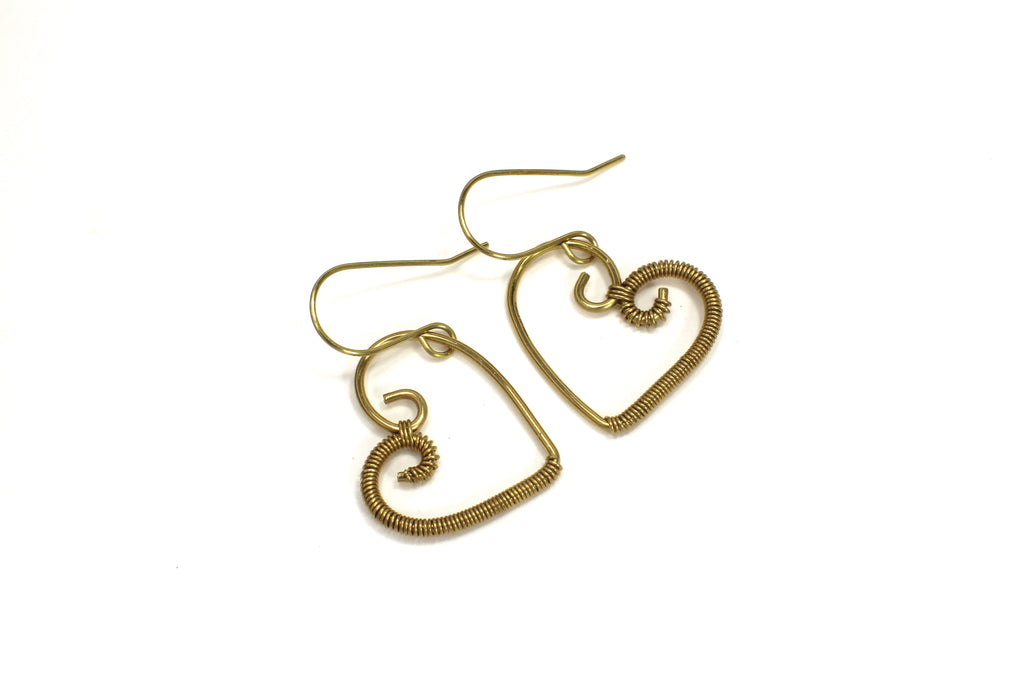 Handcrafted Brass Wire Heart Earrings with Fine Wire Wrapping
