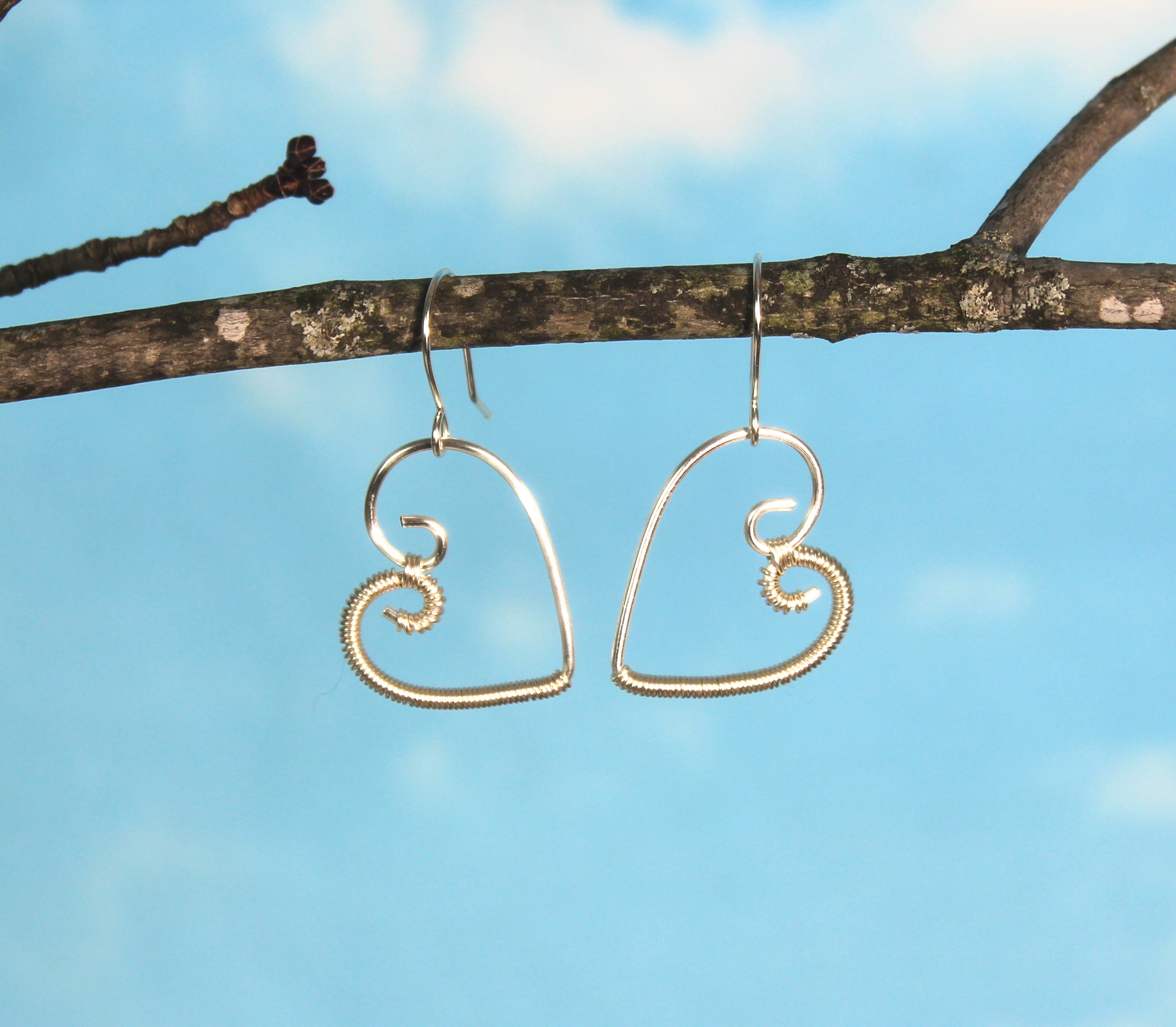 Handcrafted Silver Plated Copper Wire Heart Earrings with Fine Wire Wrapping
