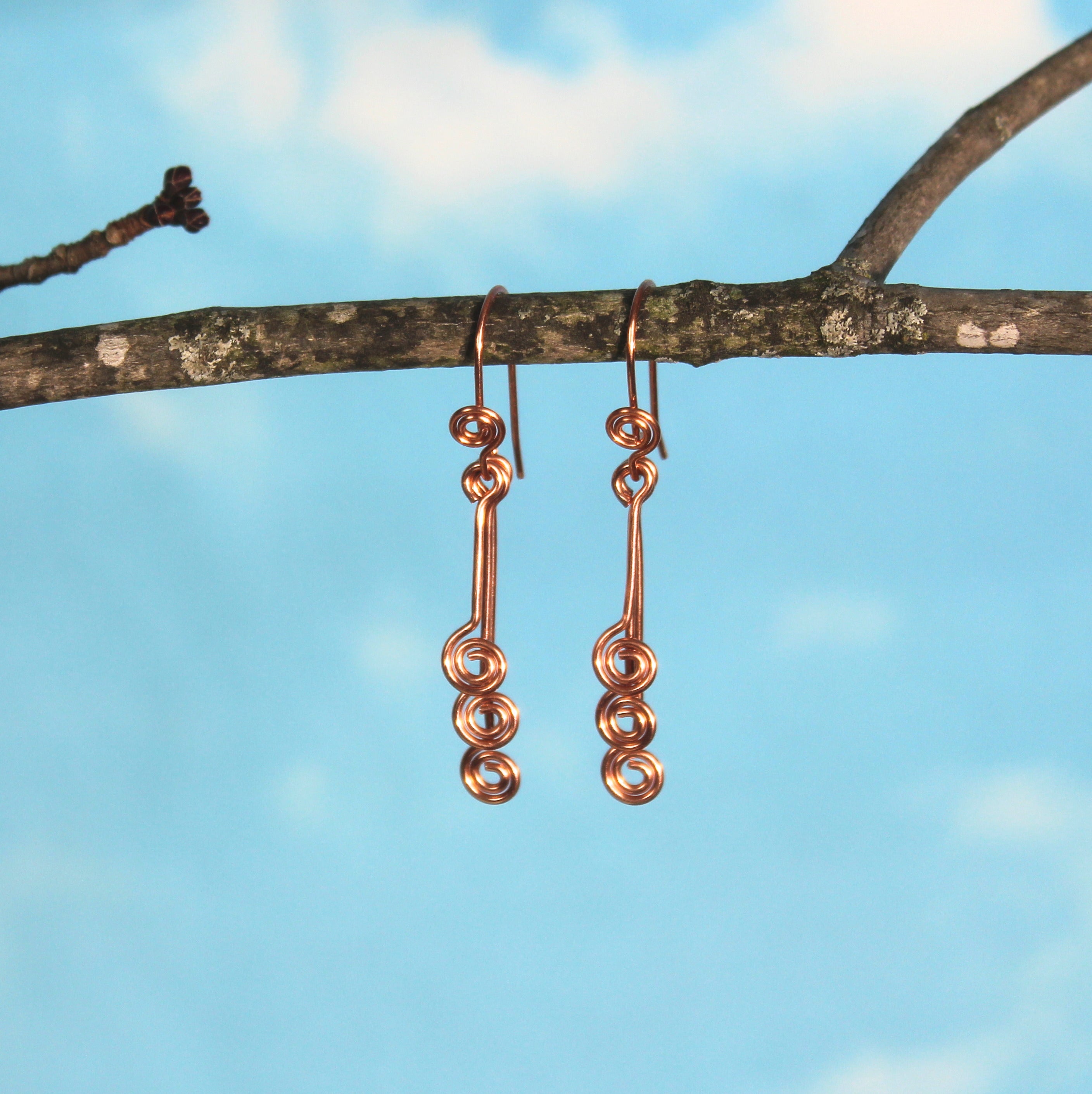 Handcrafted Triple Spiral Dangle Earrings in Copper