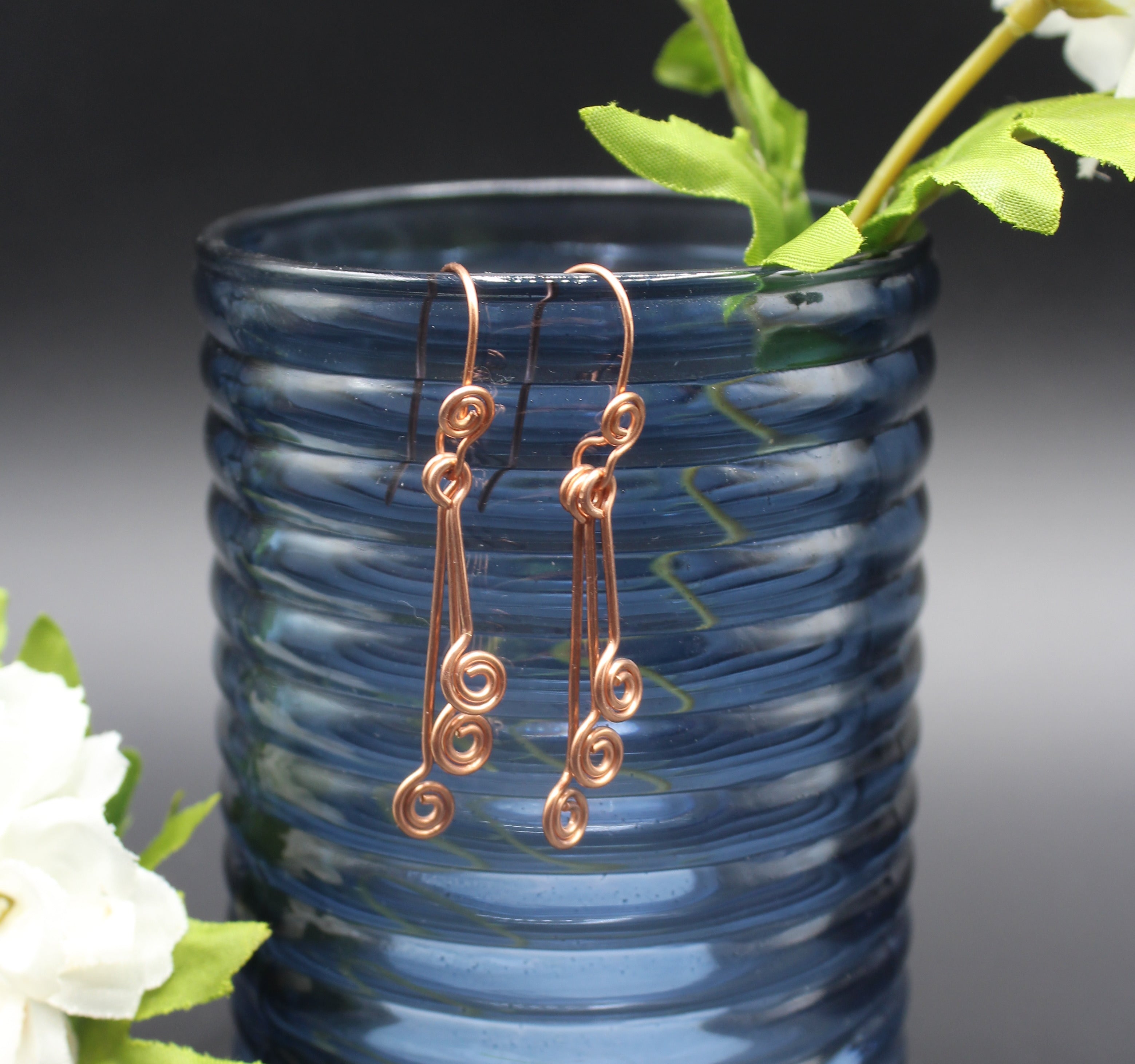 Handcrafted Triple Spiral Dangle Earrings in Copper