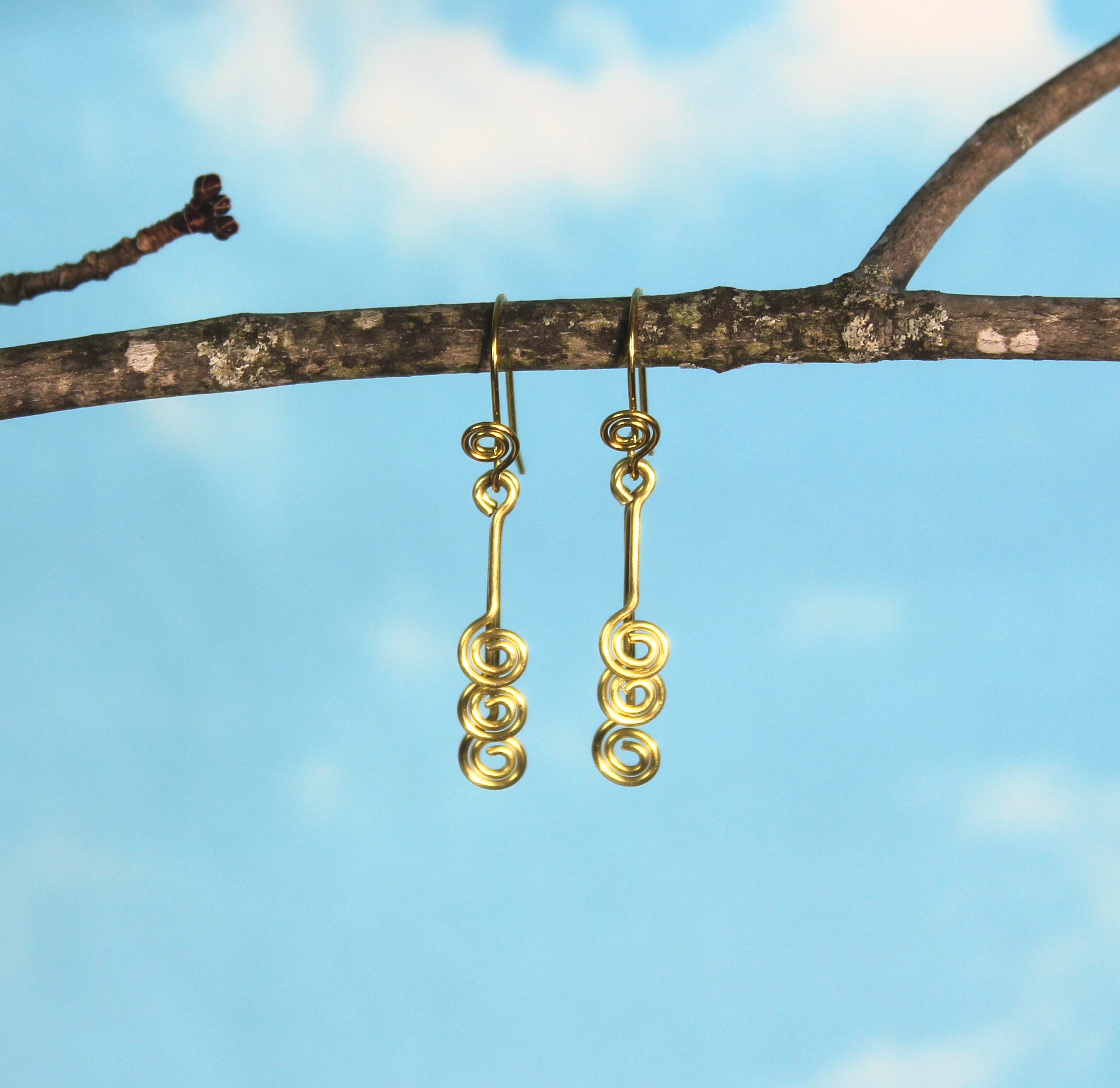 Handcrafted Triple Spiral Dangle Earrings in Brass