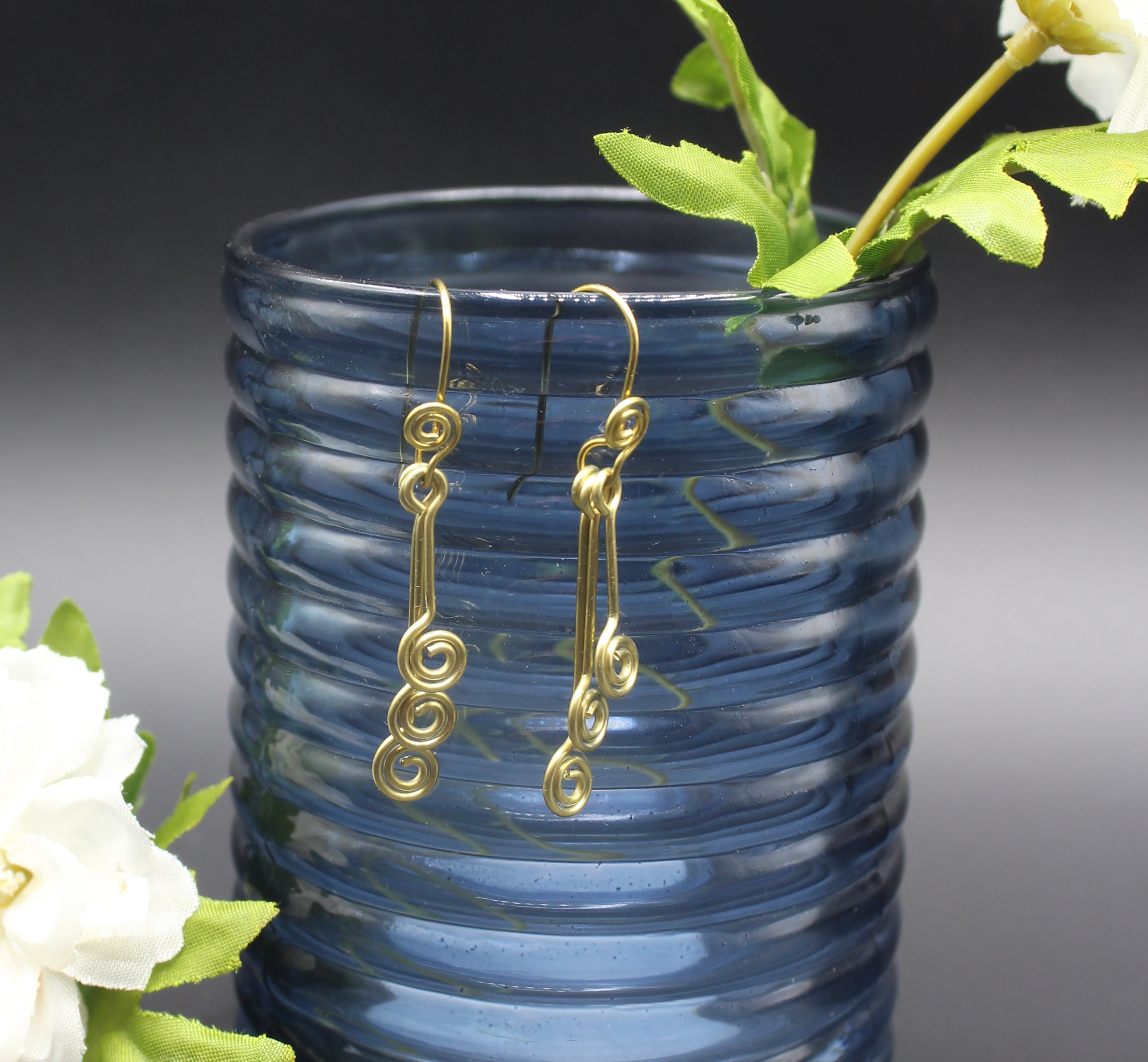 Handcrafted Triple Spiral Dangle Earrings in Brass