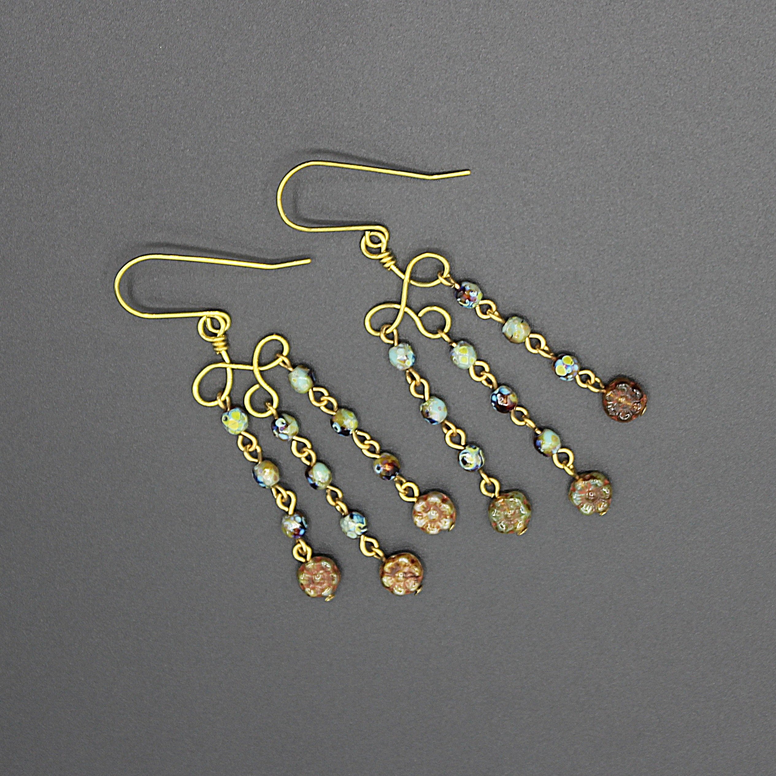 Handcrafted Brass Chandelier Earrings with Czech Glass Beads