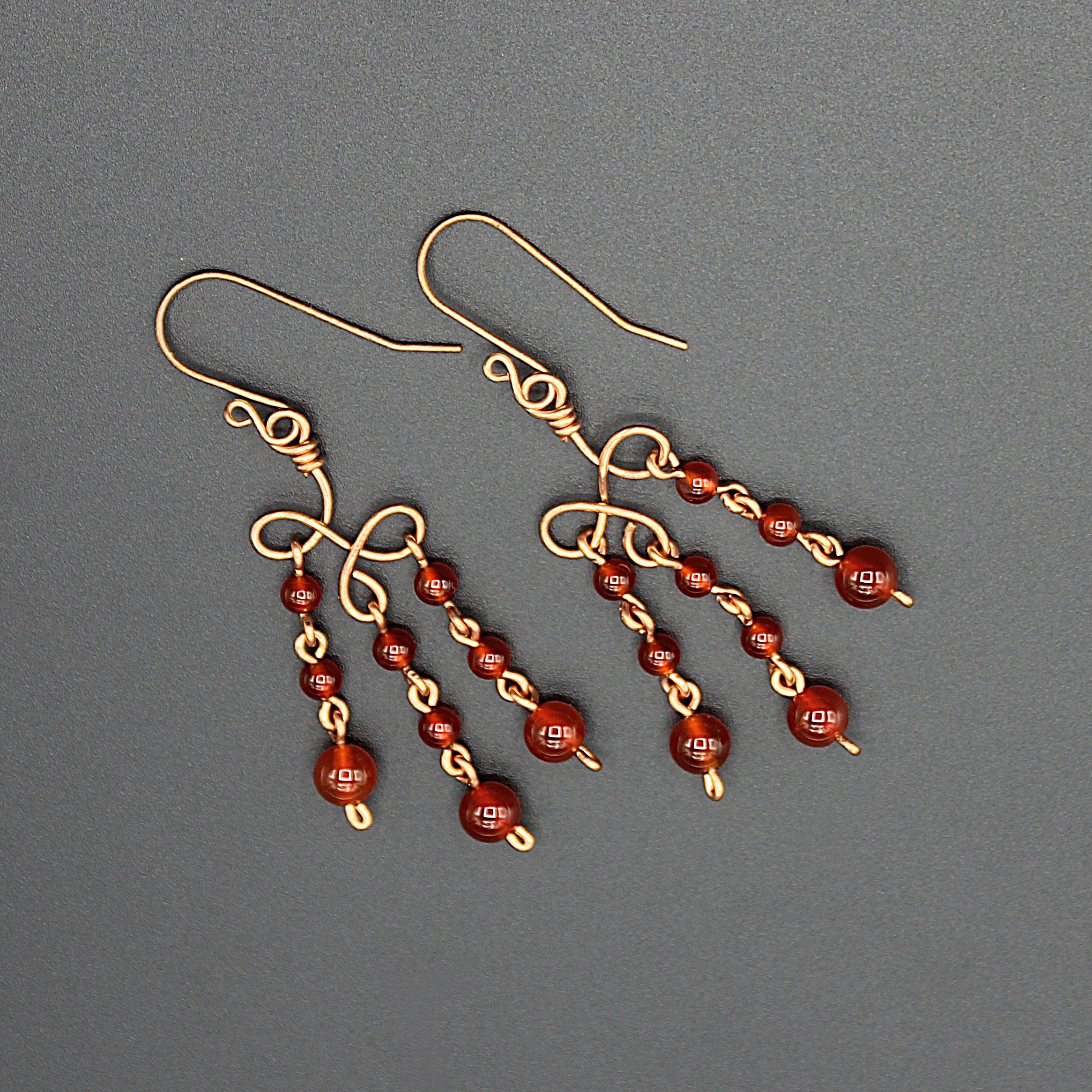 Handcrafted Copper Chandelier Earrings with Carnelian Beads
