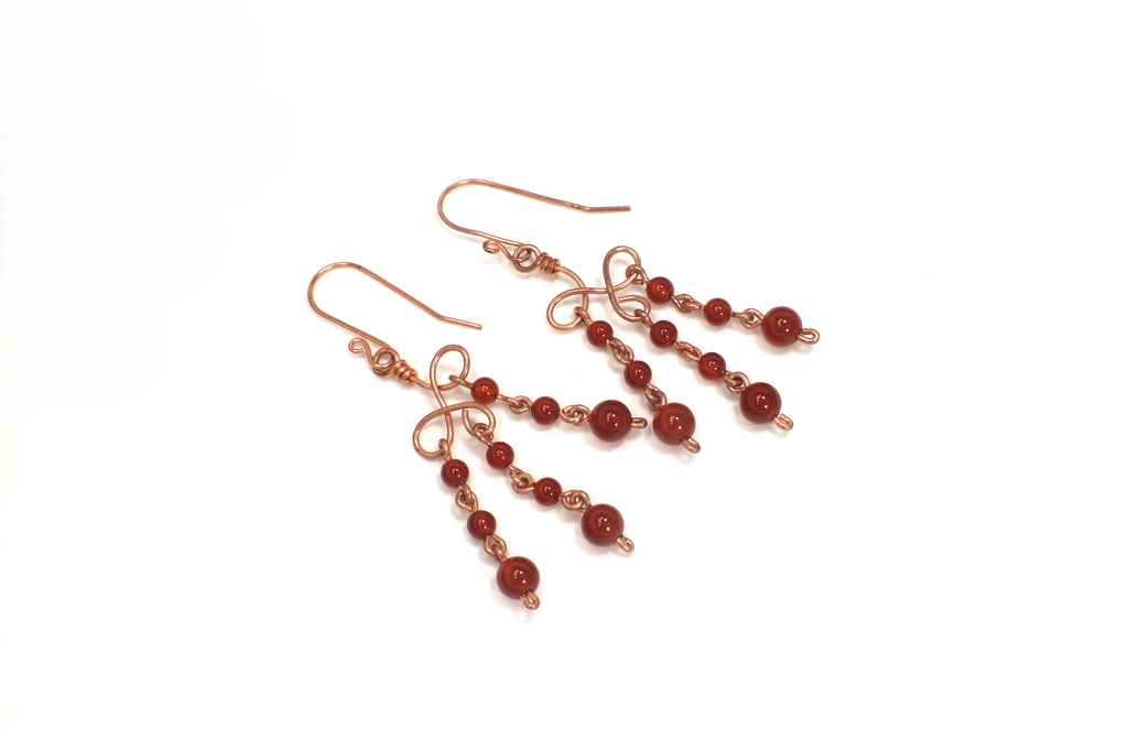 Handcrafted Copper Chandelier Earrings with Carnelian Beads