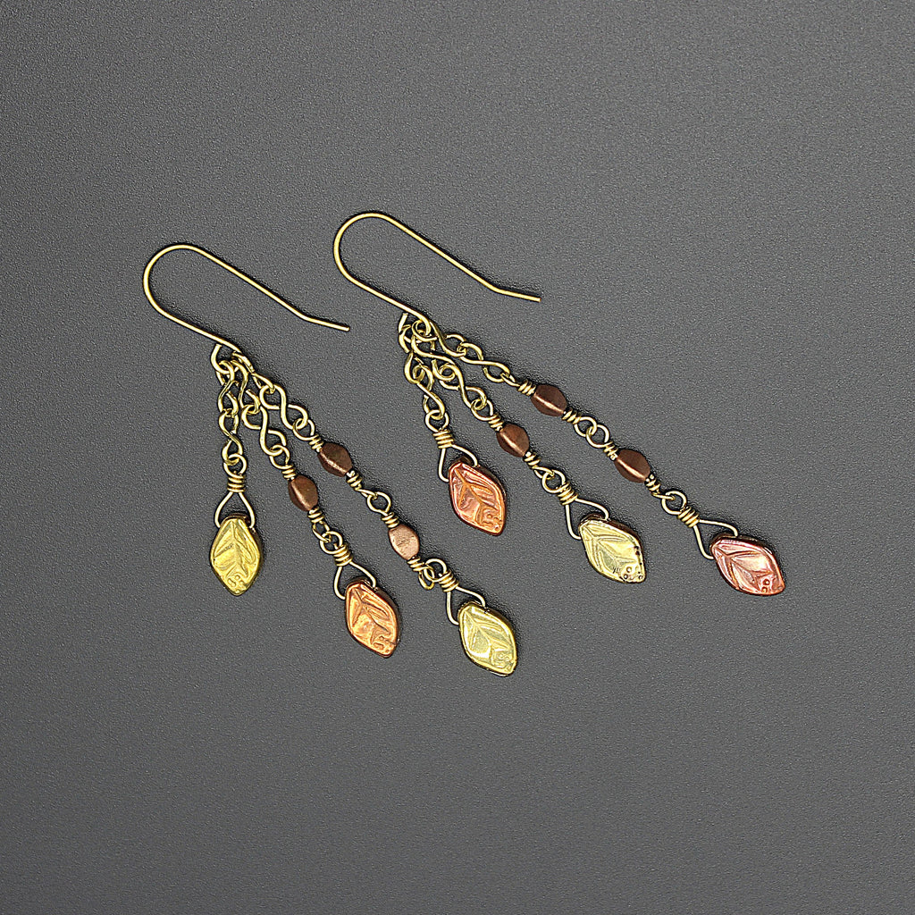 Handcrafted Brass Dangle Earrings with Metallic Czech Glass Leaf Beads