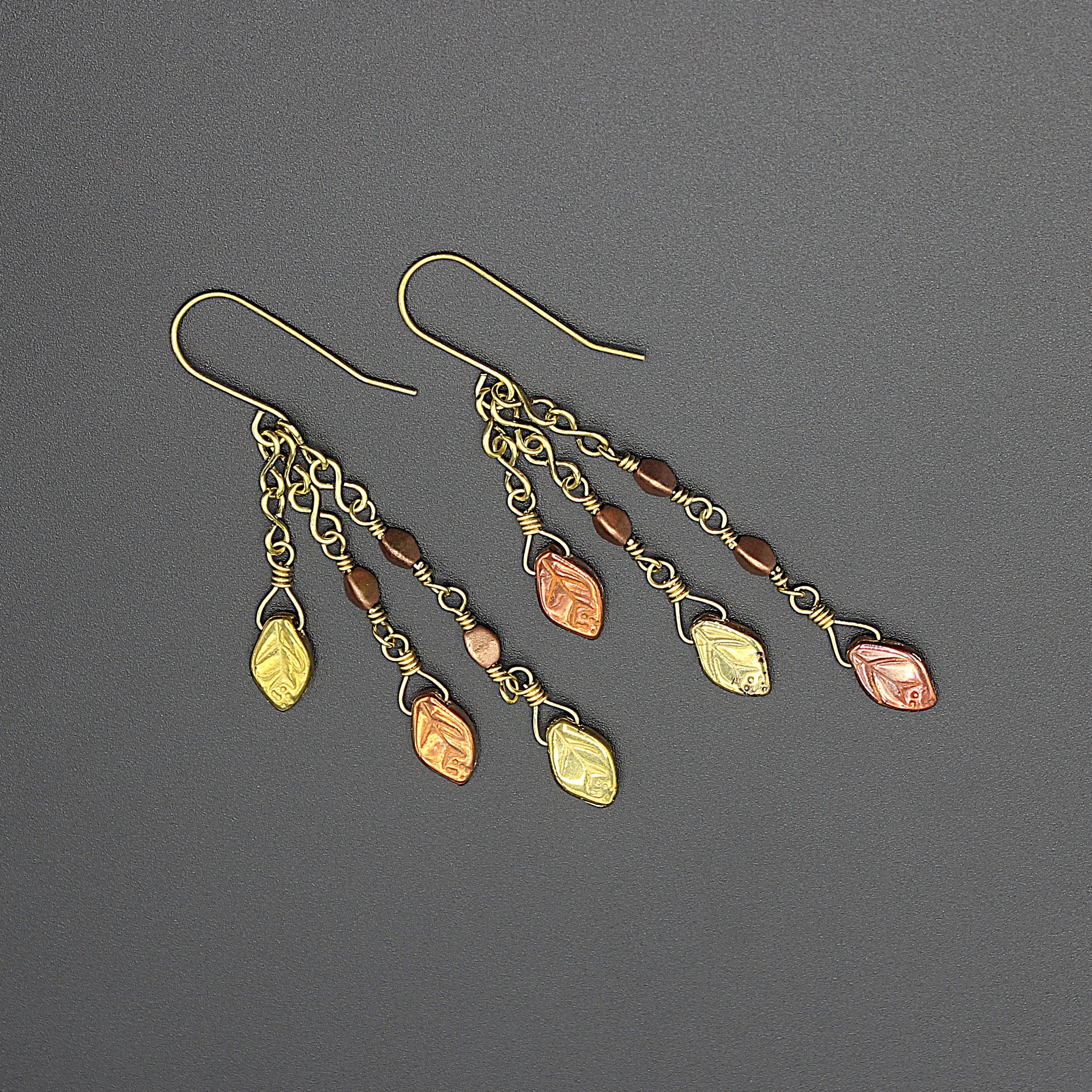 Handcrafted Brass Dangle Earrings with Metallic Czech Glass Leaf Beads