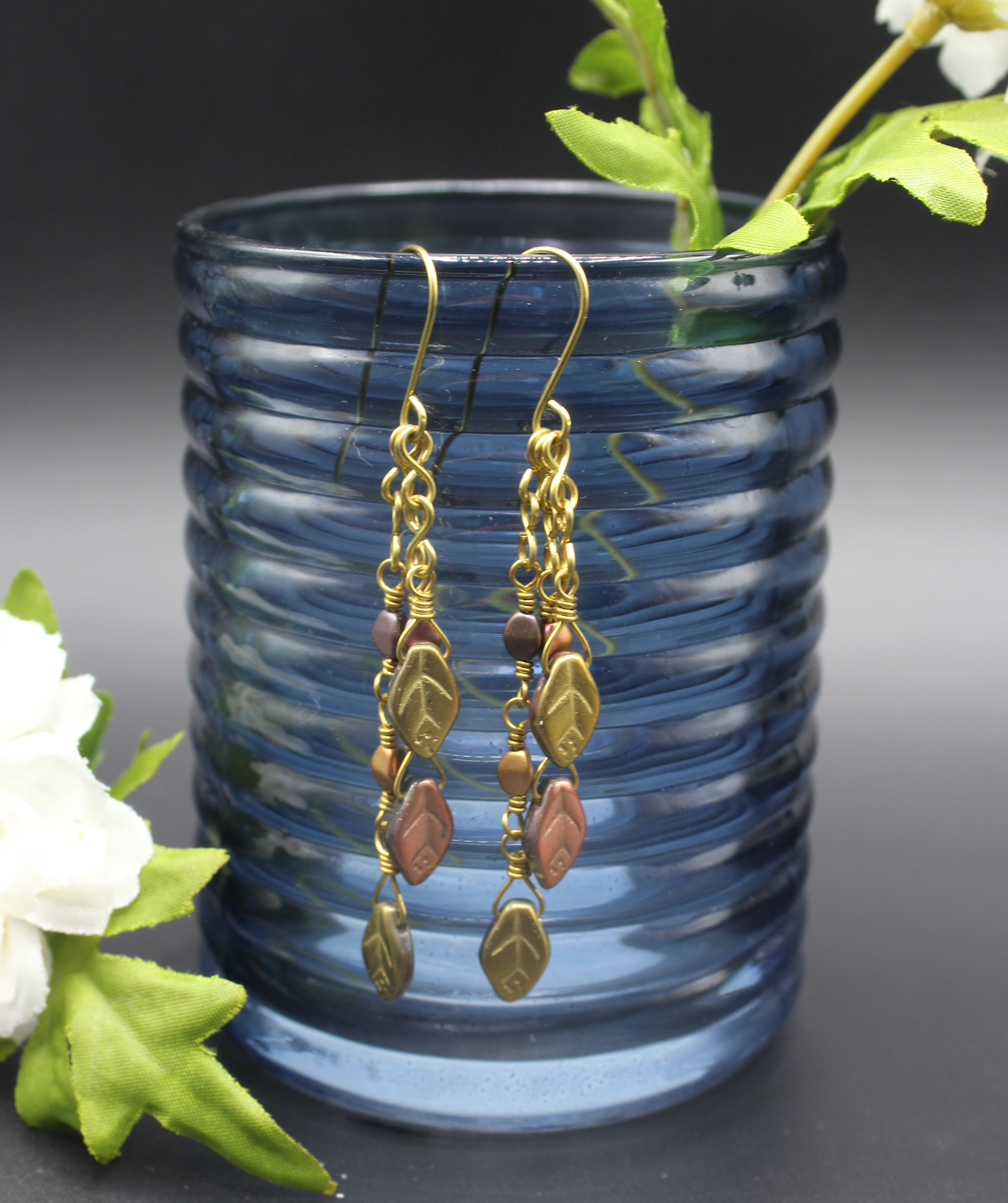 Handcrafted Brass Dangle Earrings with Metallic Czech Glass Leaf Beads