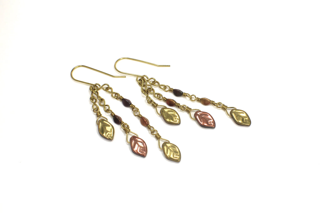 Handcrafted Brass Dangle Earrings with Metallic Czech Glass Leaf Beads