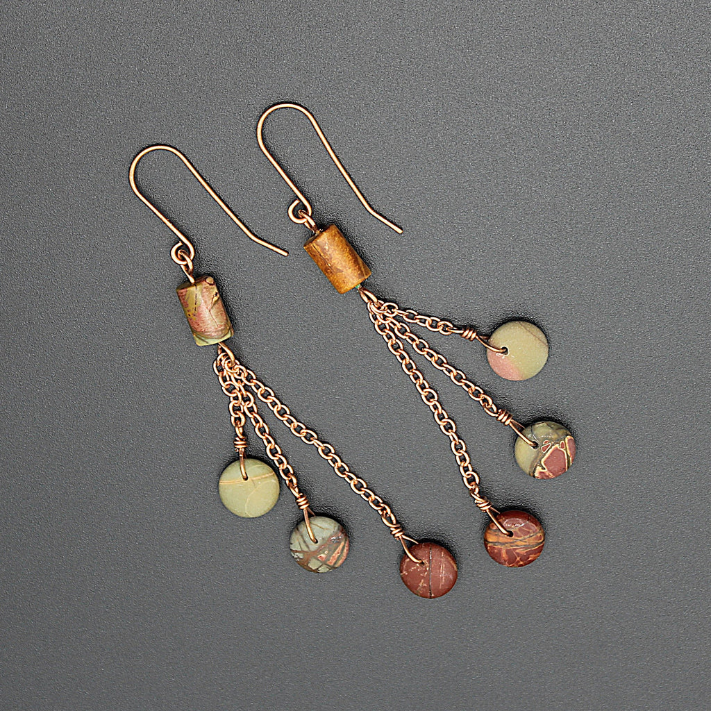 Handcrafted Copper Chain Dangle Earrings with Jasper Beads, 2.75"