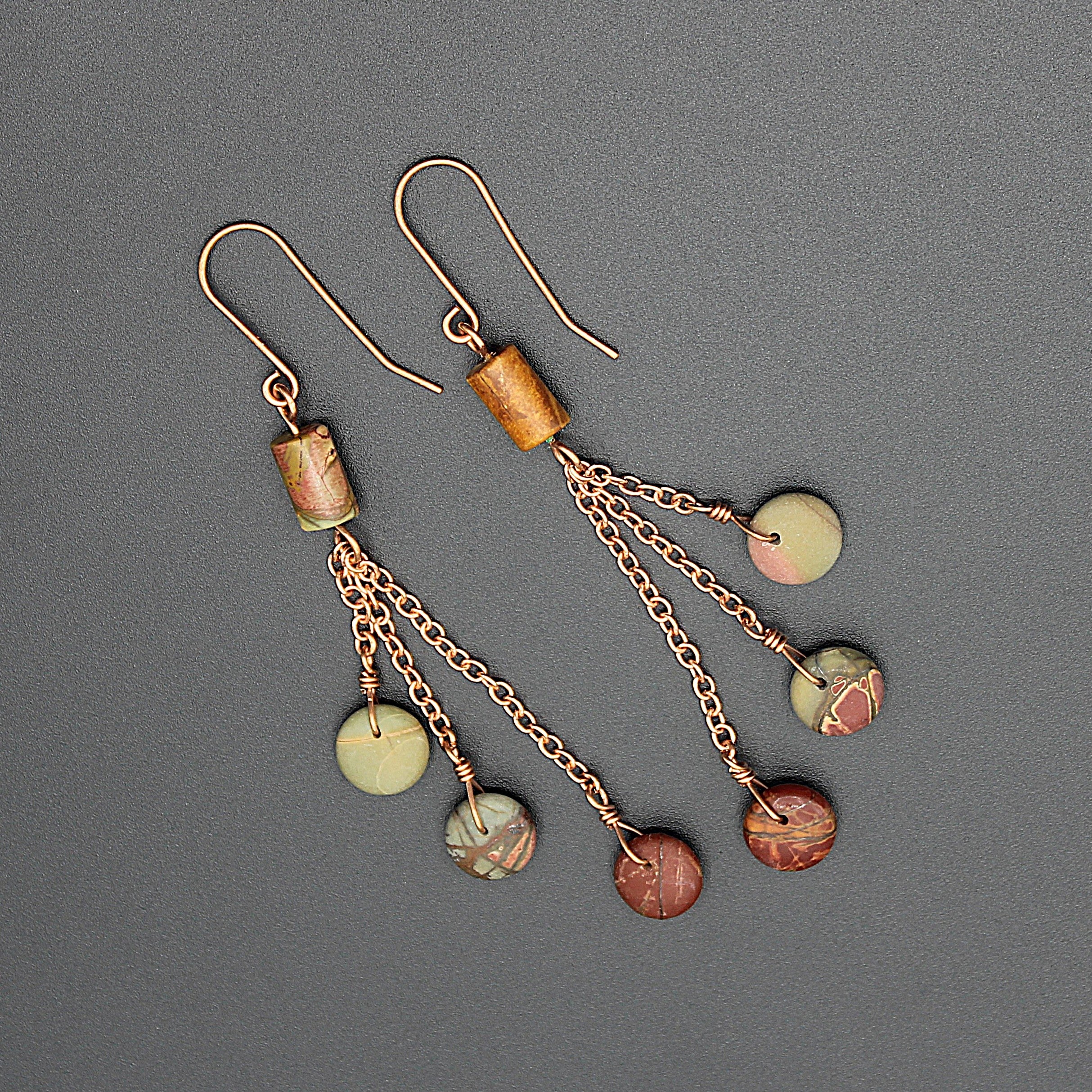 Handcrafted Copper Chain Dangle Earrings with Jasper Beads, 2.75"