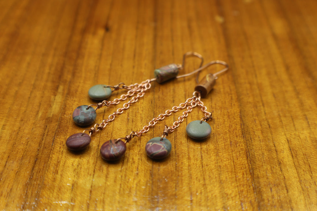 Handcrafted Copper Chain Dangle Earrings with Jasper Beads, 2.75"