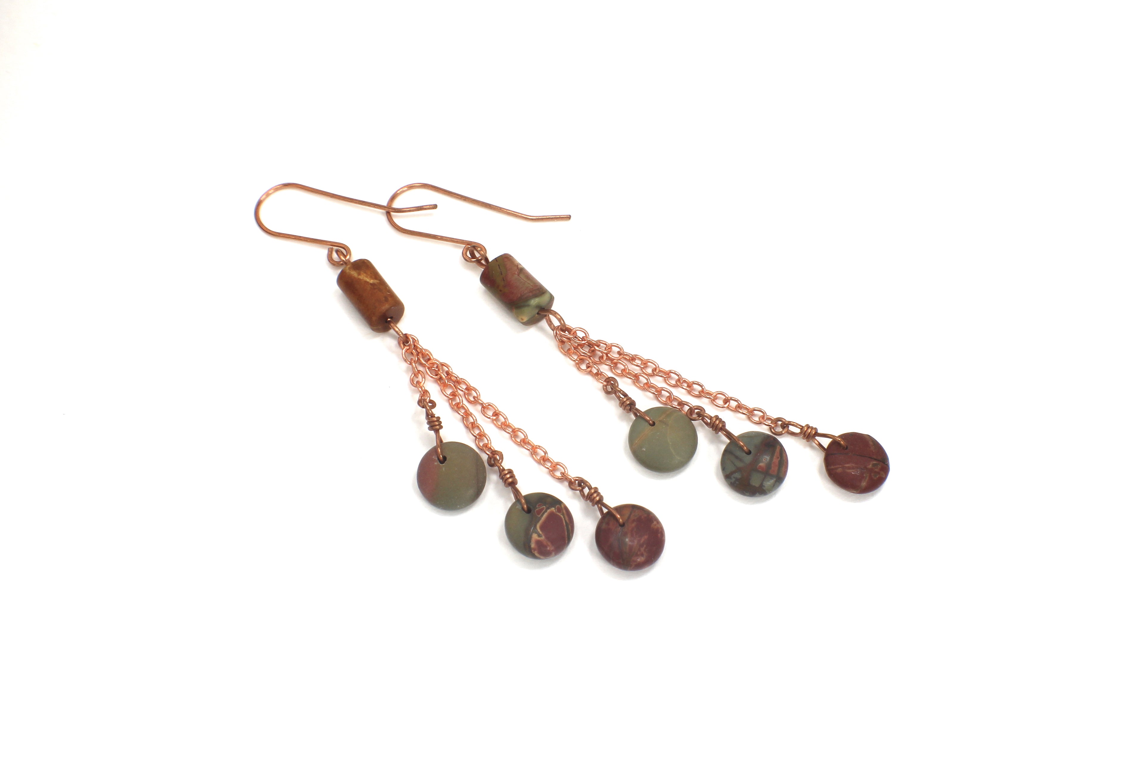 Handcrafted Copper Chain Dangle Earrings with Jasper Beads, 2.75"