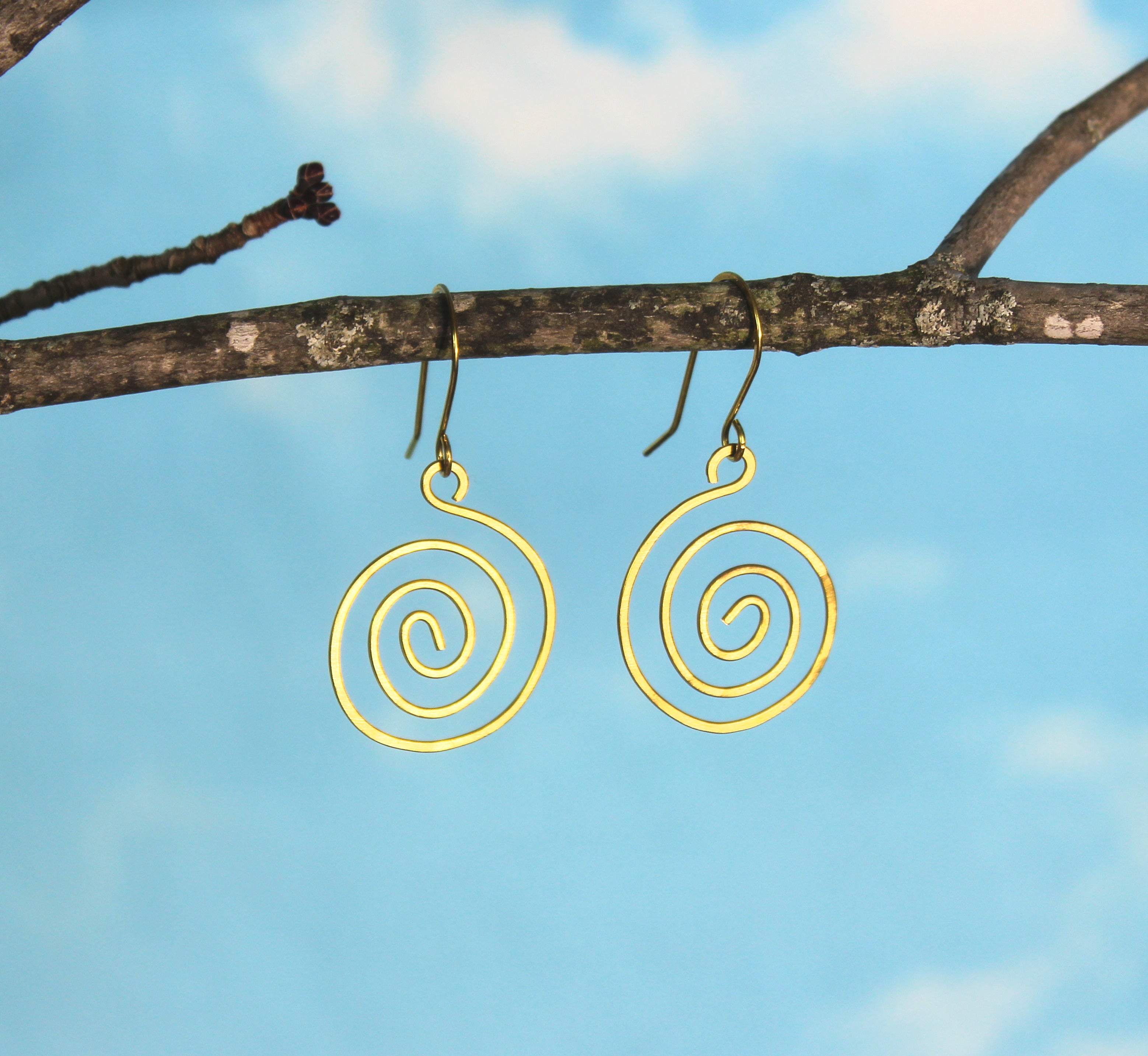 Handcrafted Hammered Brass Spiral Dangle Earrings