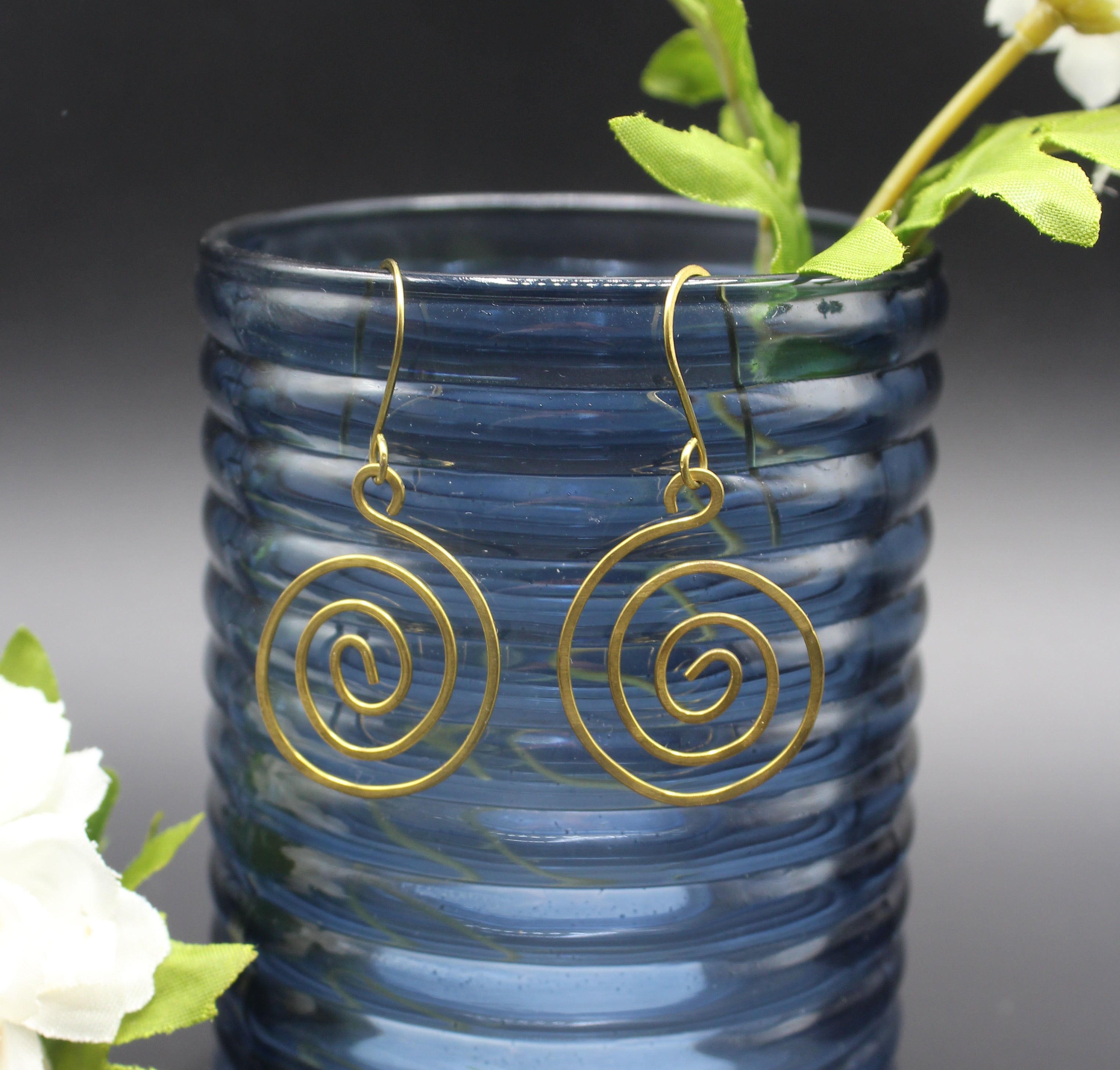 Handcrafted Hammered Brass Spiral Dangle Earrings
