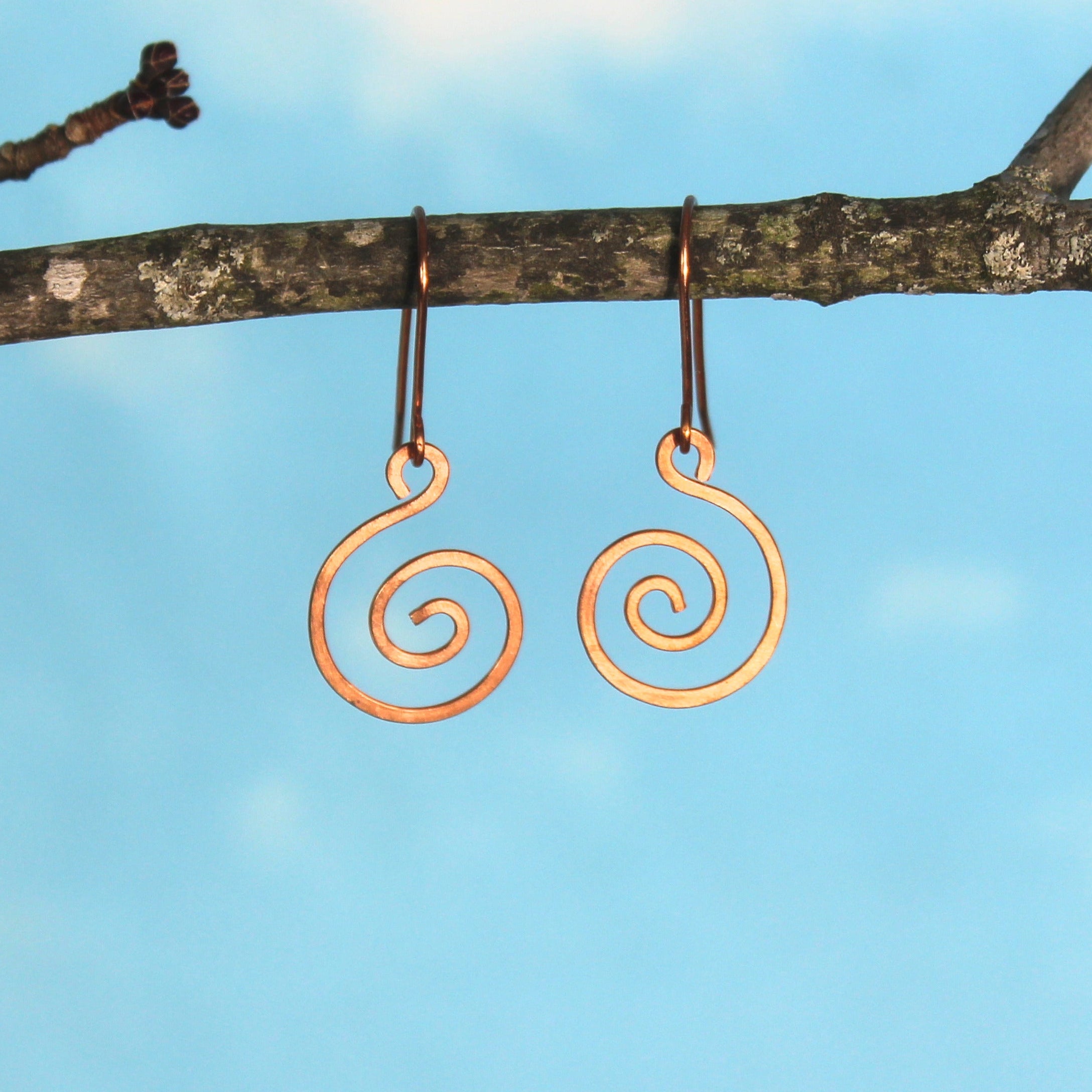 Copper spiral earrings hanging from a branch against a blue sky.