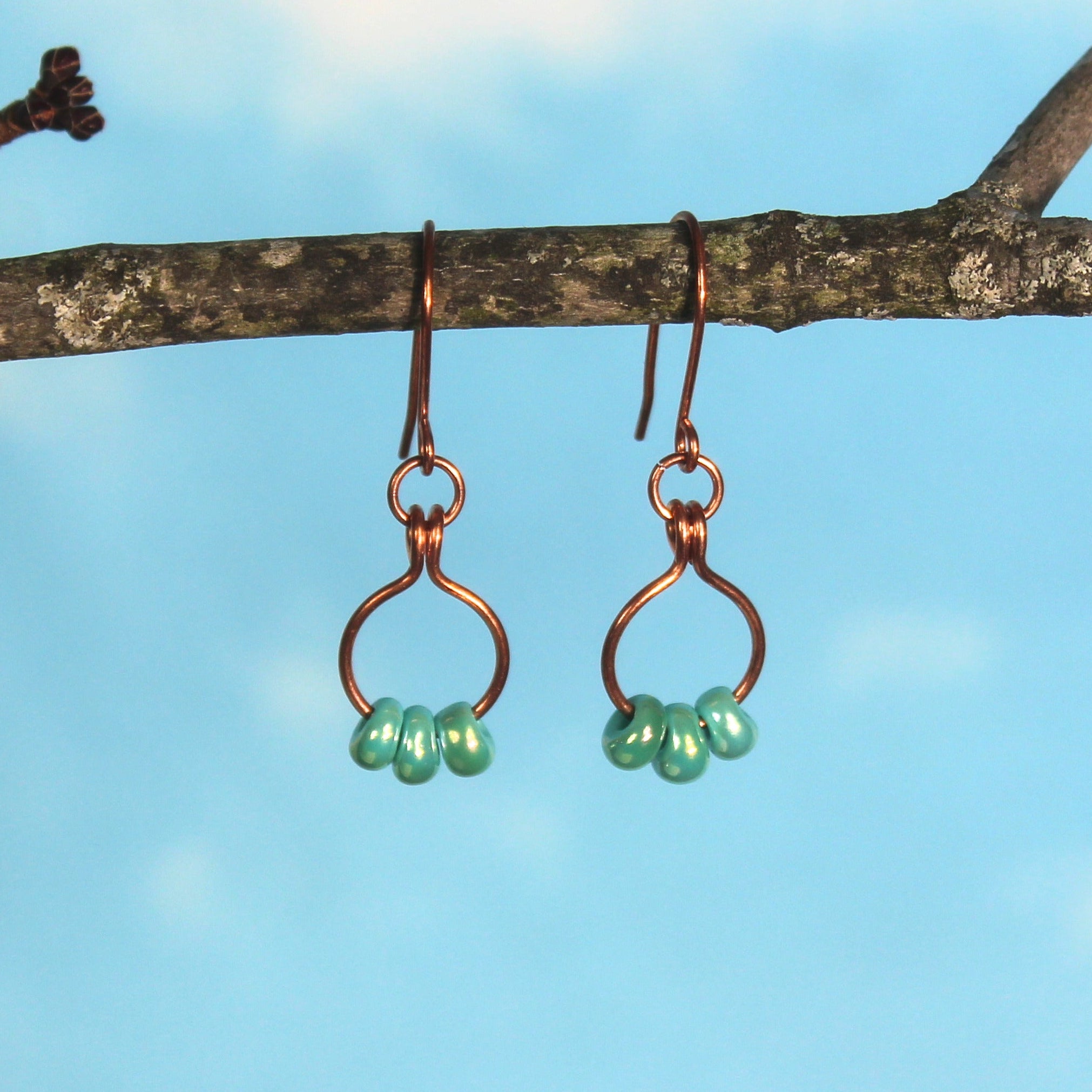Copper wire earrings with turquoise beads on small hoops hanging from a branch against a blue sky.