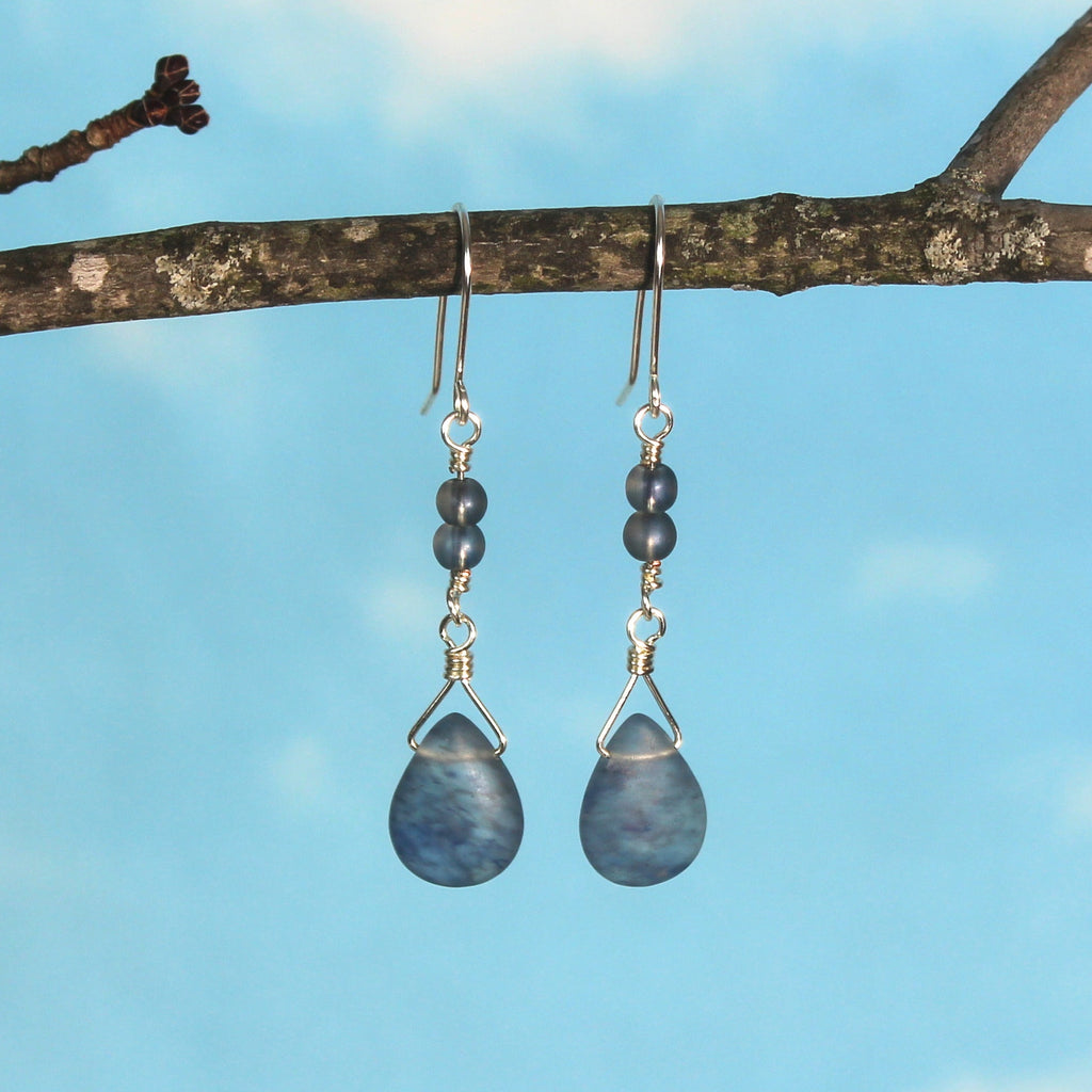 Blue teardrop earrings hanging from a branch with a blue sky background