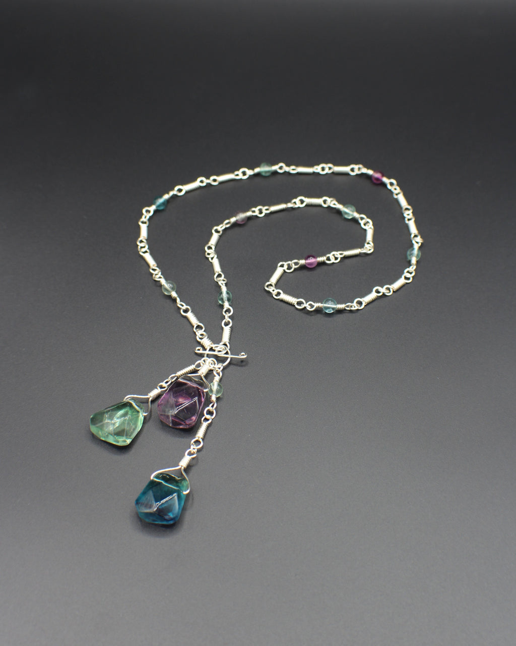 Handcrafted Rainbow Fluorite Front Toggle Necklace in Silver Plated Copper
