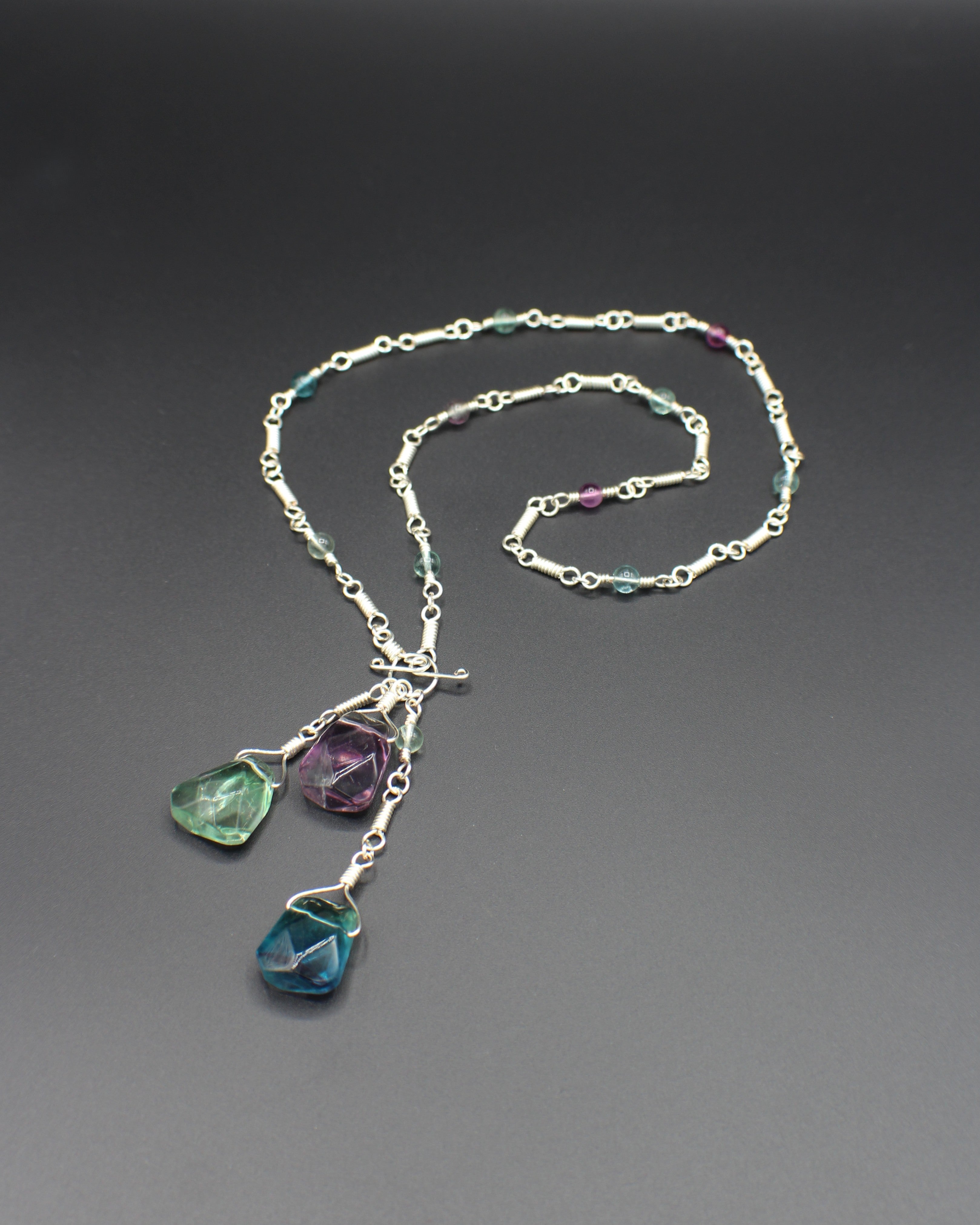 Handcrafted Rainbow Fluorite Front Toggle Necklace in Silver Plated Copper