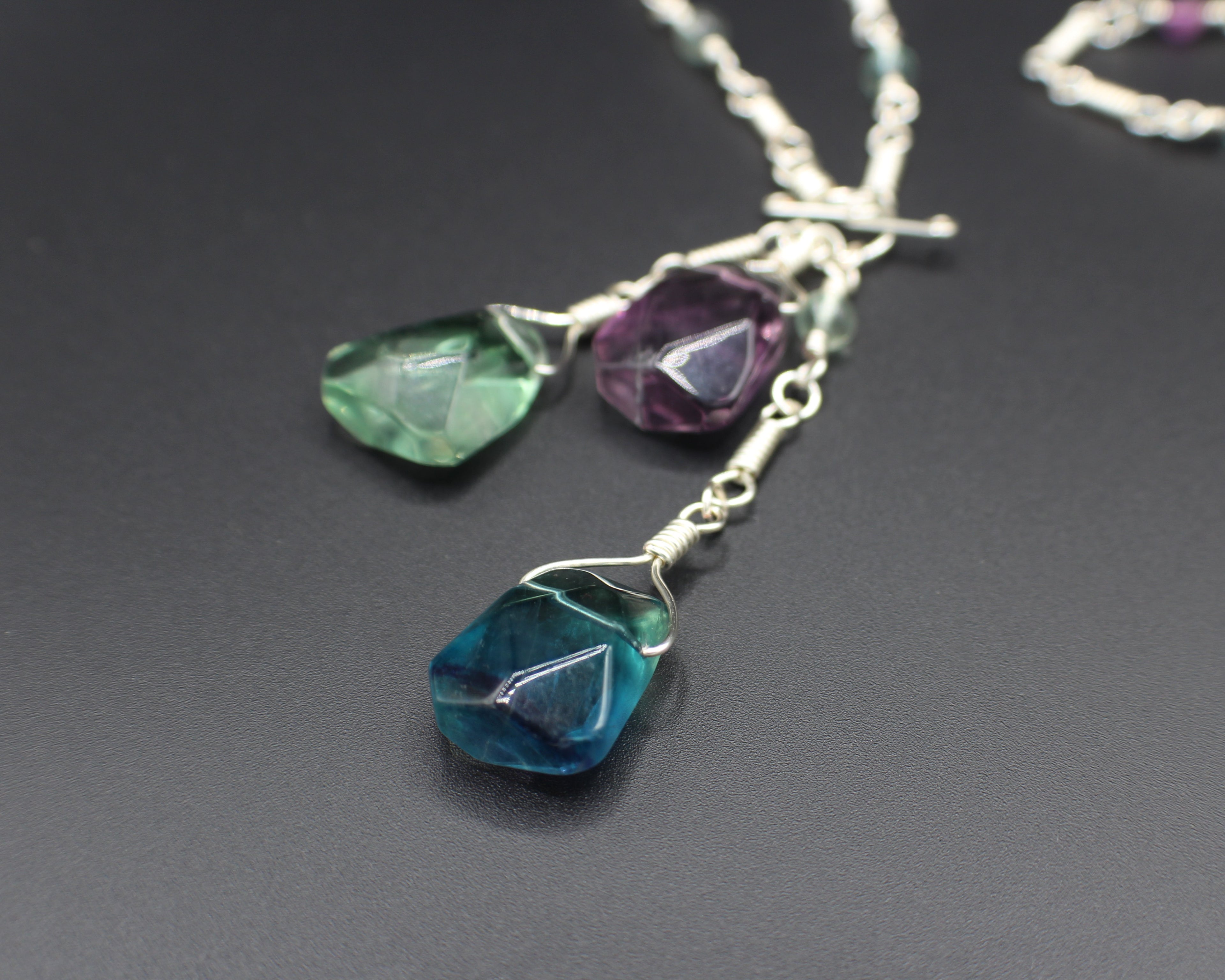Handcrafted Rainbow Fluorite Front Toggle Necklace in Silver Plated Copper